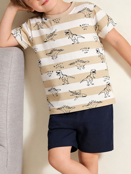Children's Dinosaur Print Striped Crew Neck T-Shirt