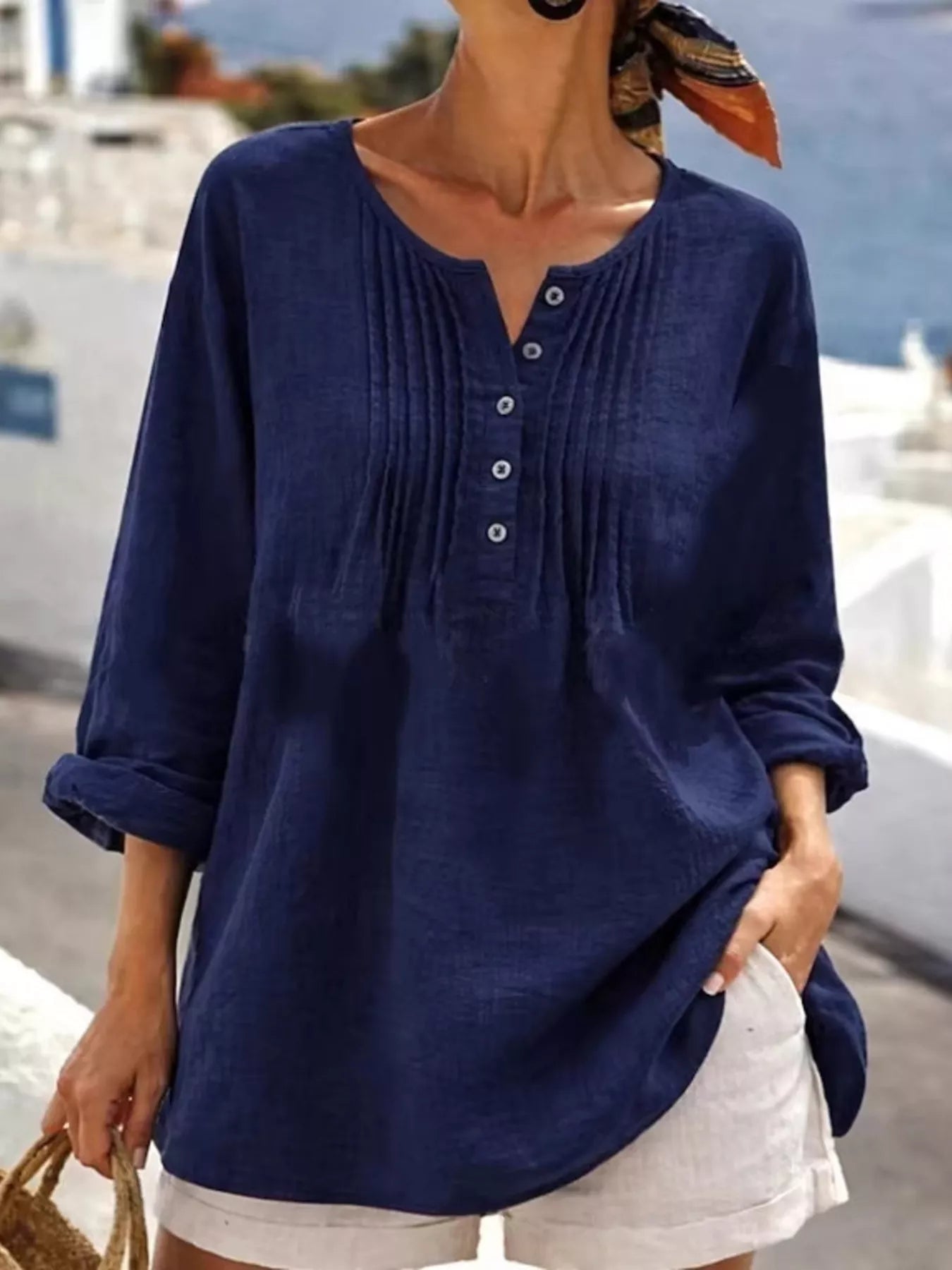 Casual Button Detail Long Sleeve Linen Shirt