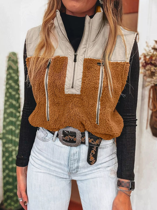 Color Block Plush Patchwork Zipper Stand Neck Vest Coat