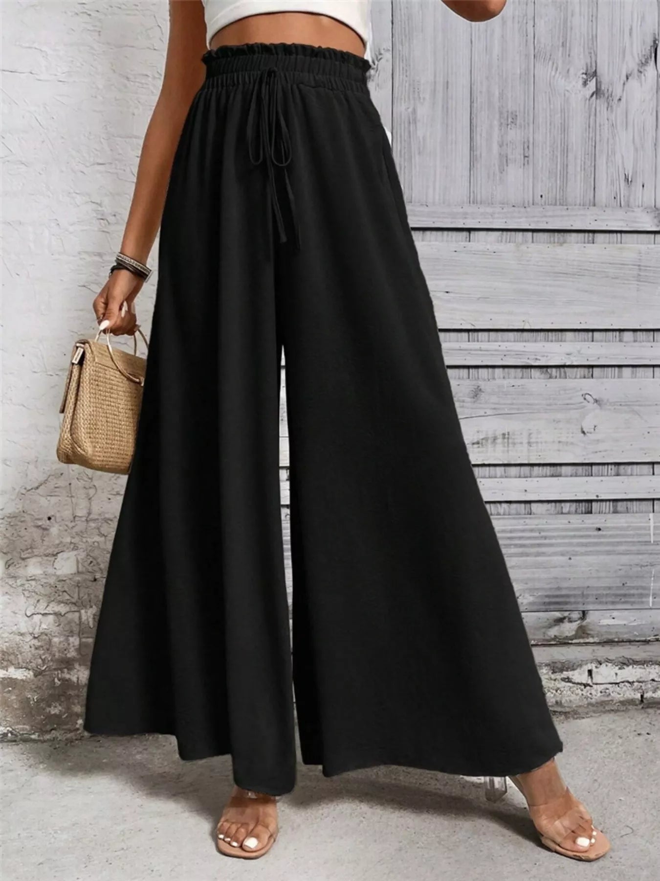 Wide Leg Drawstring Waist Casual Pants