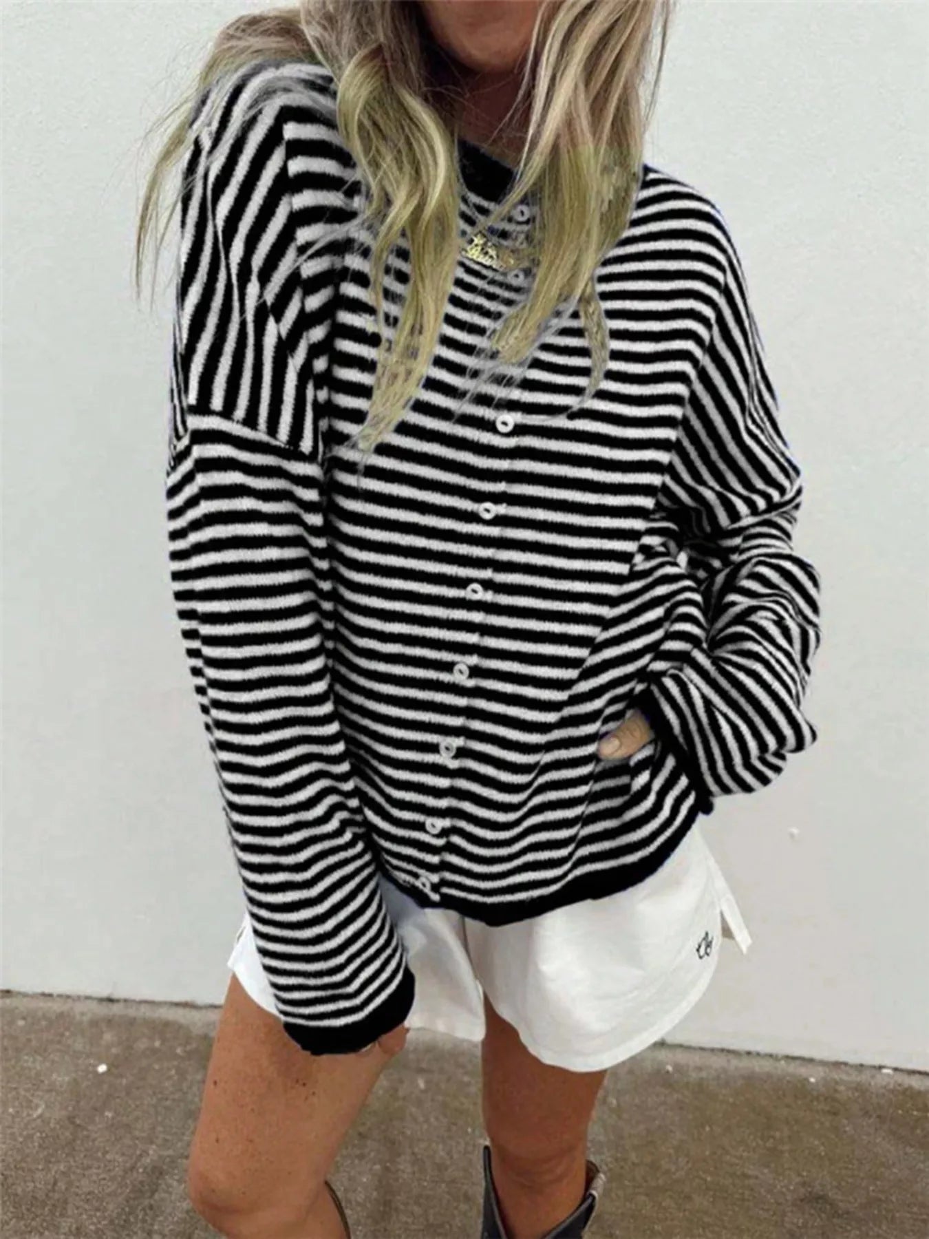 Striped Knit Button Up Cardigan