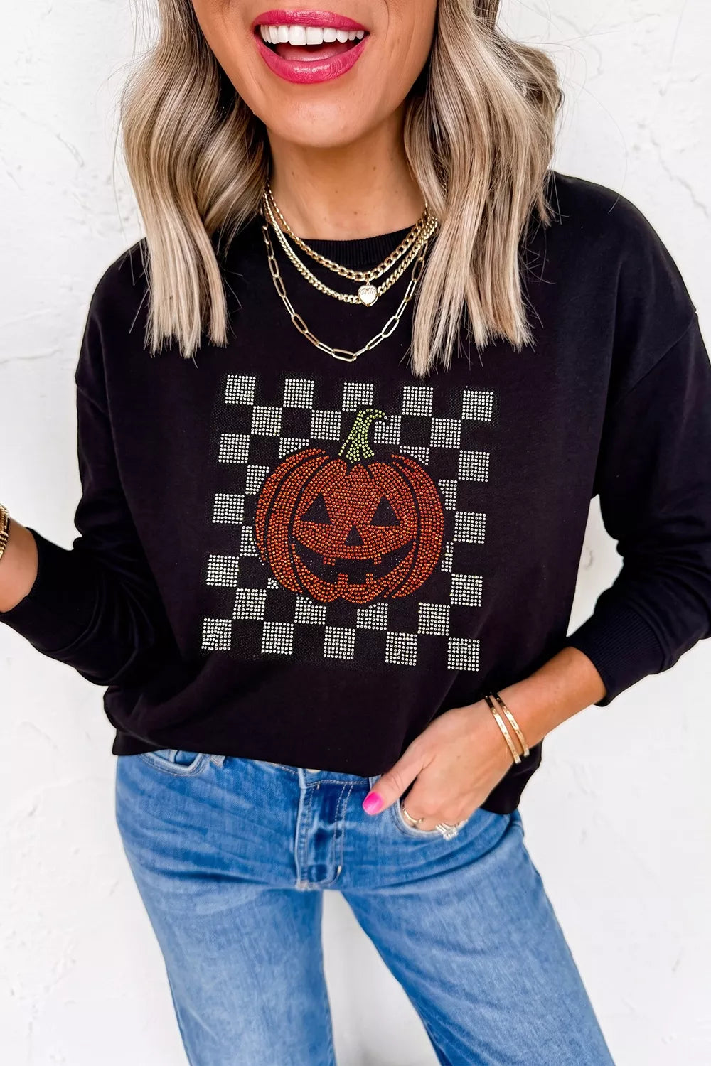 Rhinestone Pumpkin Long Sleeve Sweatshirt