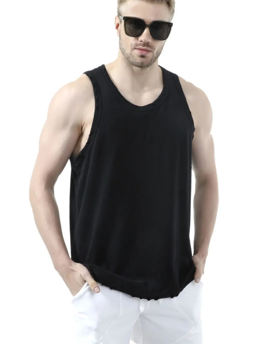 Men's Plus Size Distressed Hem Round Neck Tank