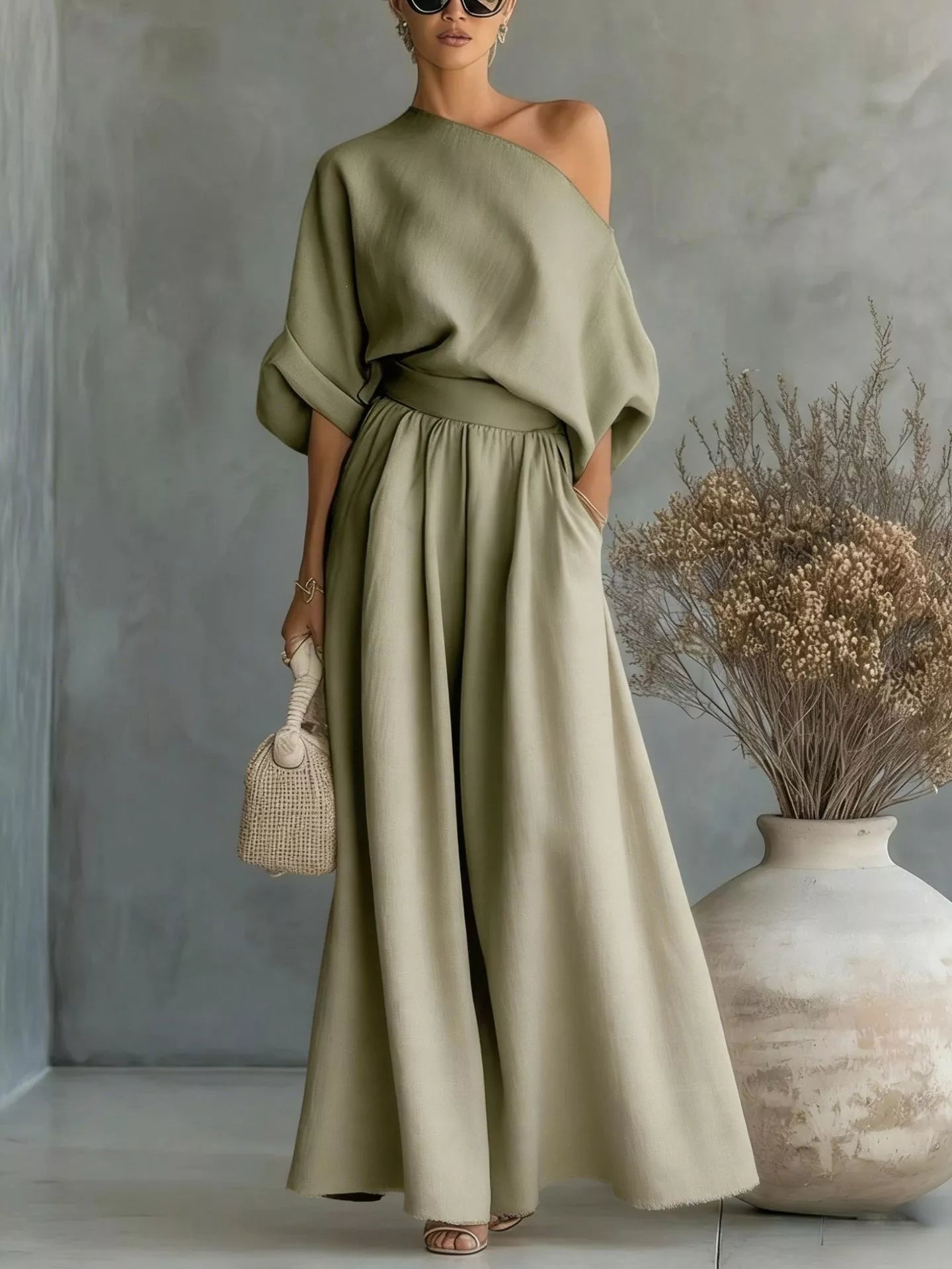 Full Size One Shoulder Top and Wide Leg Pants Set Plus Size