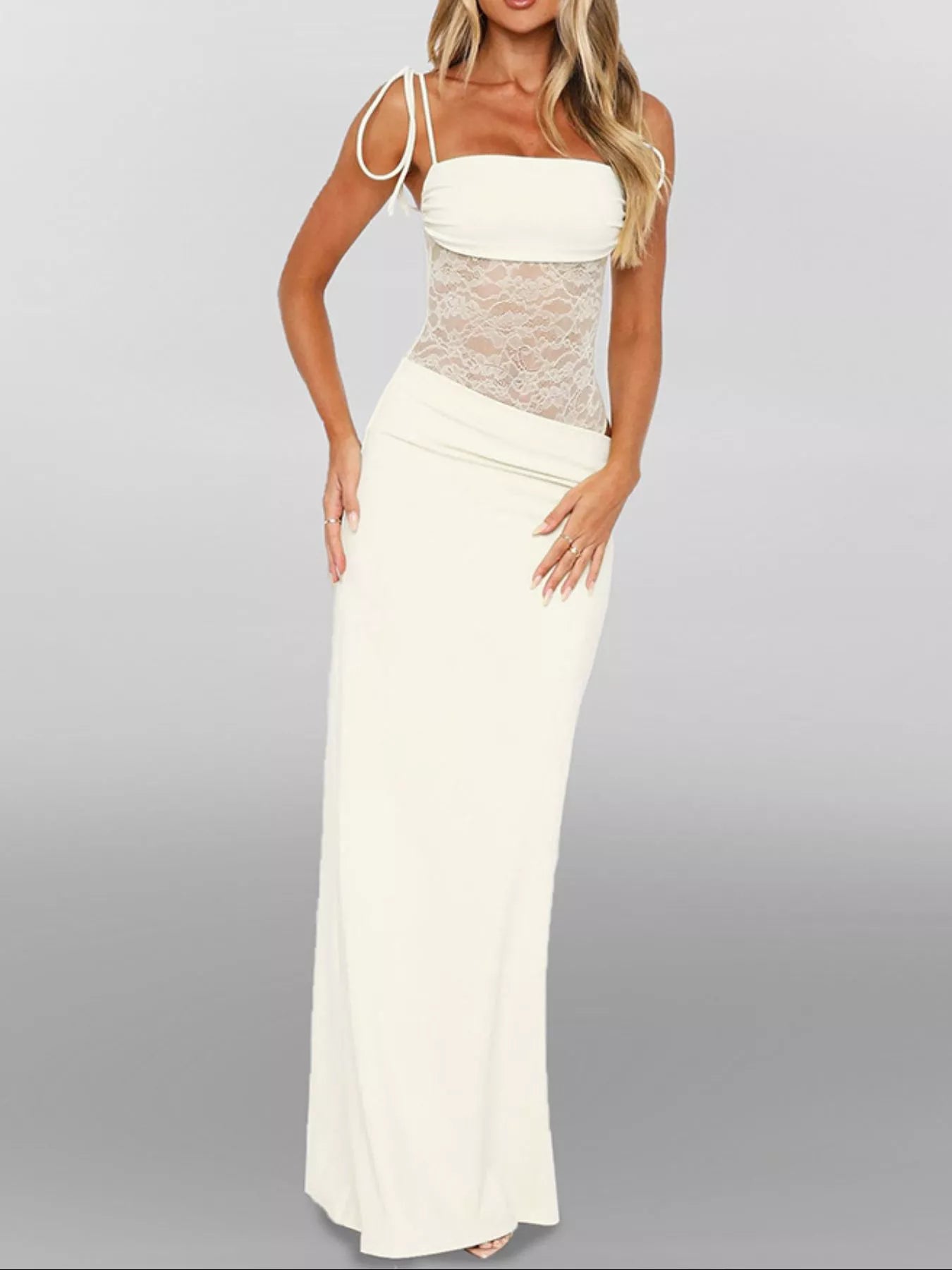 Lace Cutout Tie Shoulder Maxi Dress