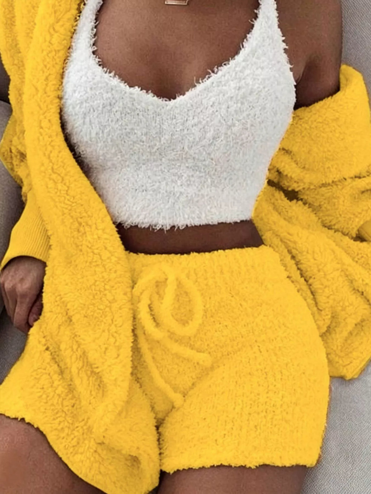 Full Size 3-Piece Fuzzy Plush Cardigan and Shorts Lounge Set with Crop Top Plus Size