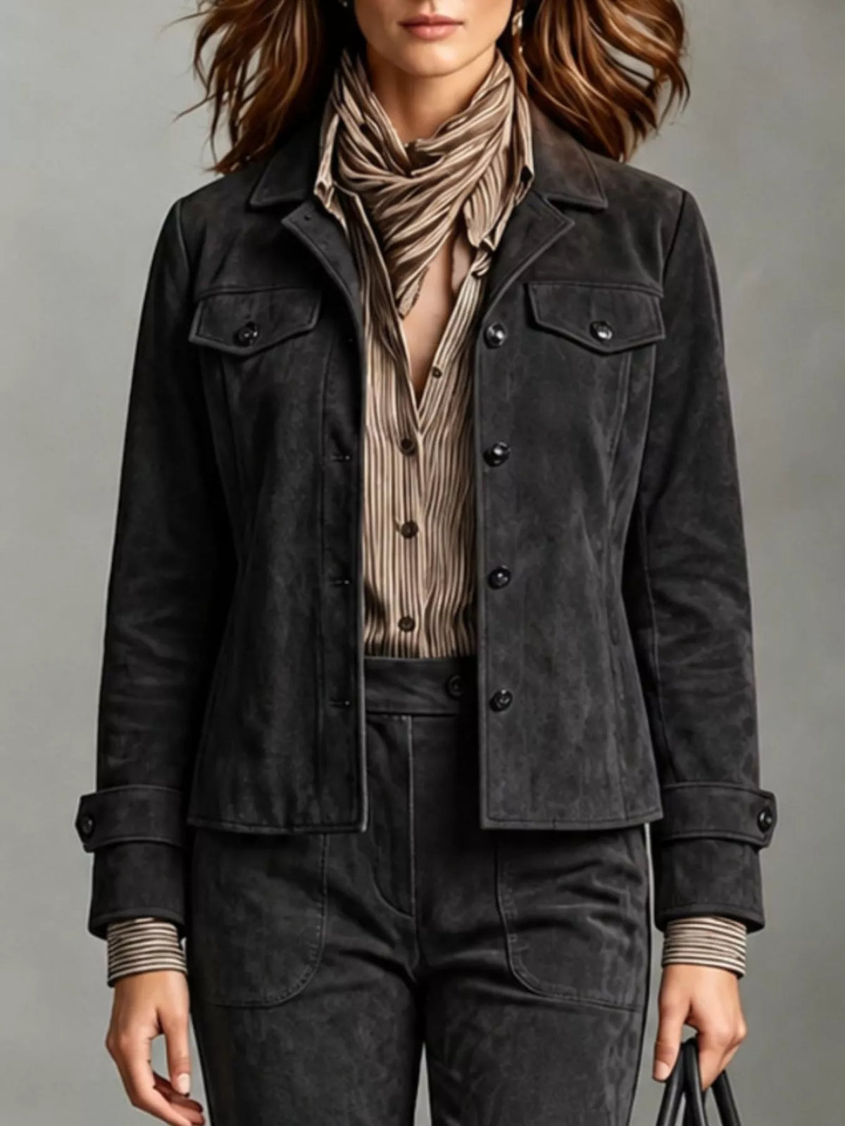 Full Size Suede Utility Blazer with Button-Front Detail Plus Size