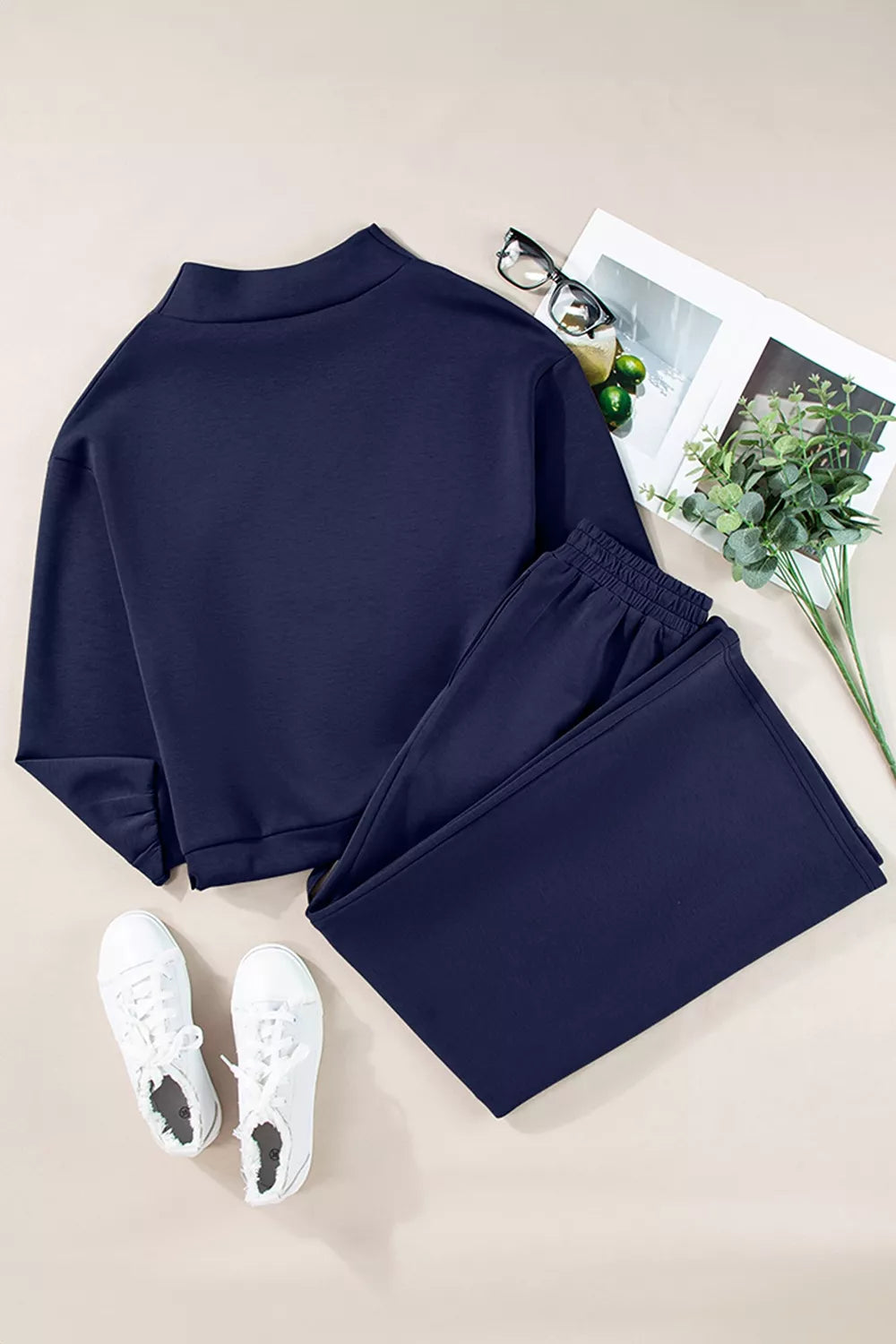 Solid Color Cowl Neck Drawstring Pullover Wide Leg Athleisure Pants Set