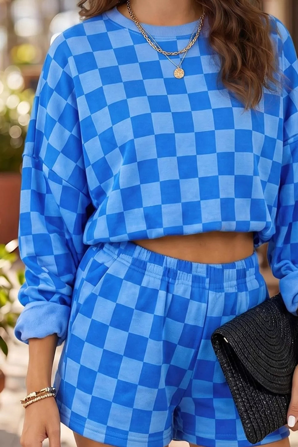 Plaid Checkered Long Sleeve Crop Top Elastic Waist Shorts Two Piece Set