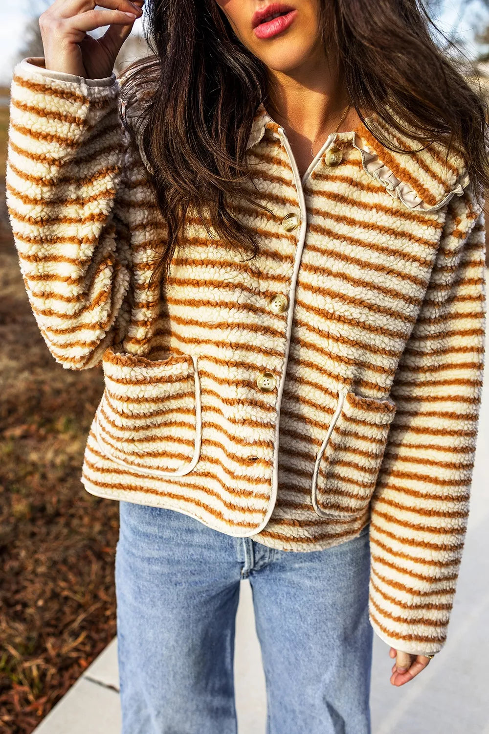 Striped Fleece Button Front Long Sleeve Regular Fit Jacket