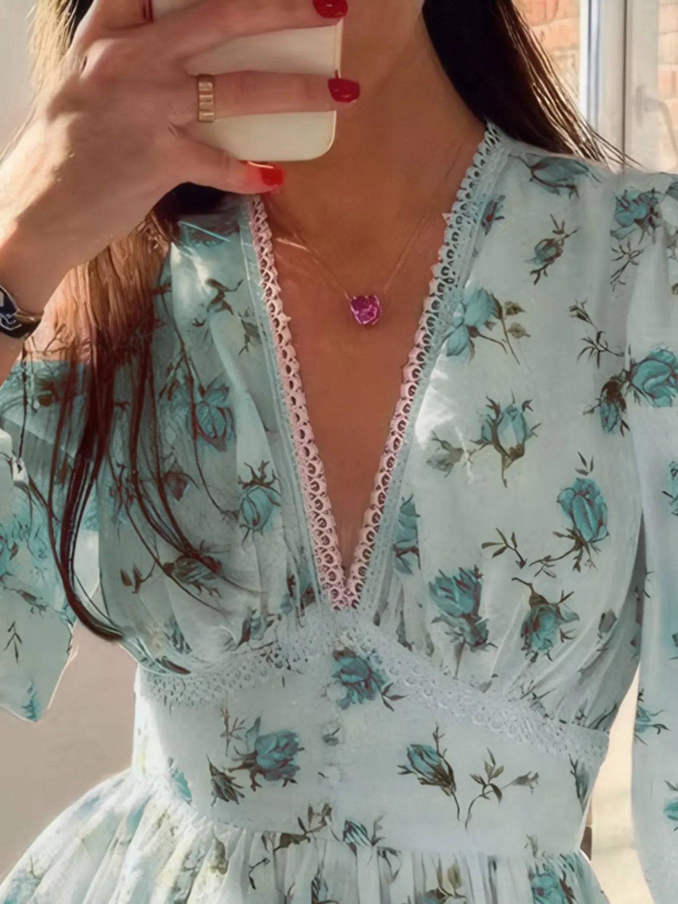 Full Size Floral Print Lace Detail V-Neck Mini Dress Plus SIze