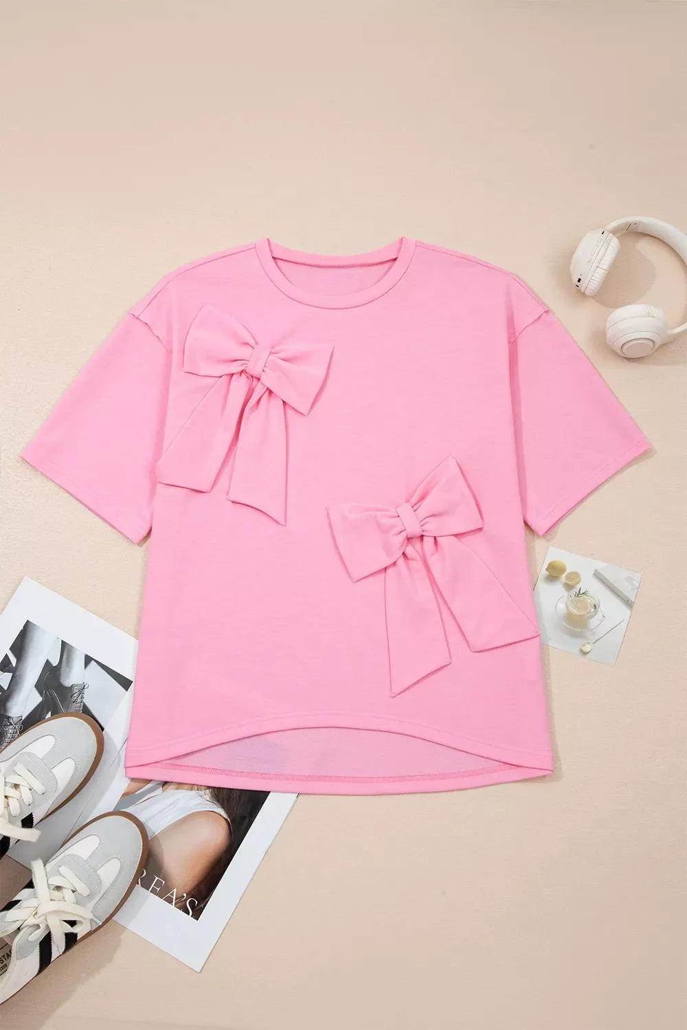 Solid Color Raw Edge Bow Patch Loose T Shirt