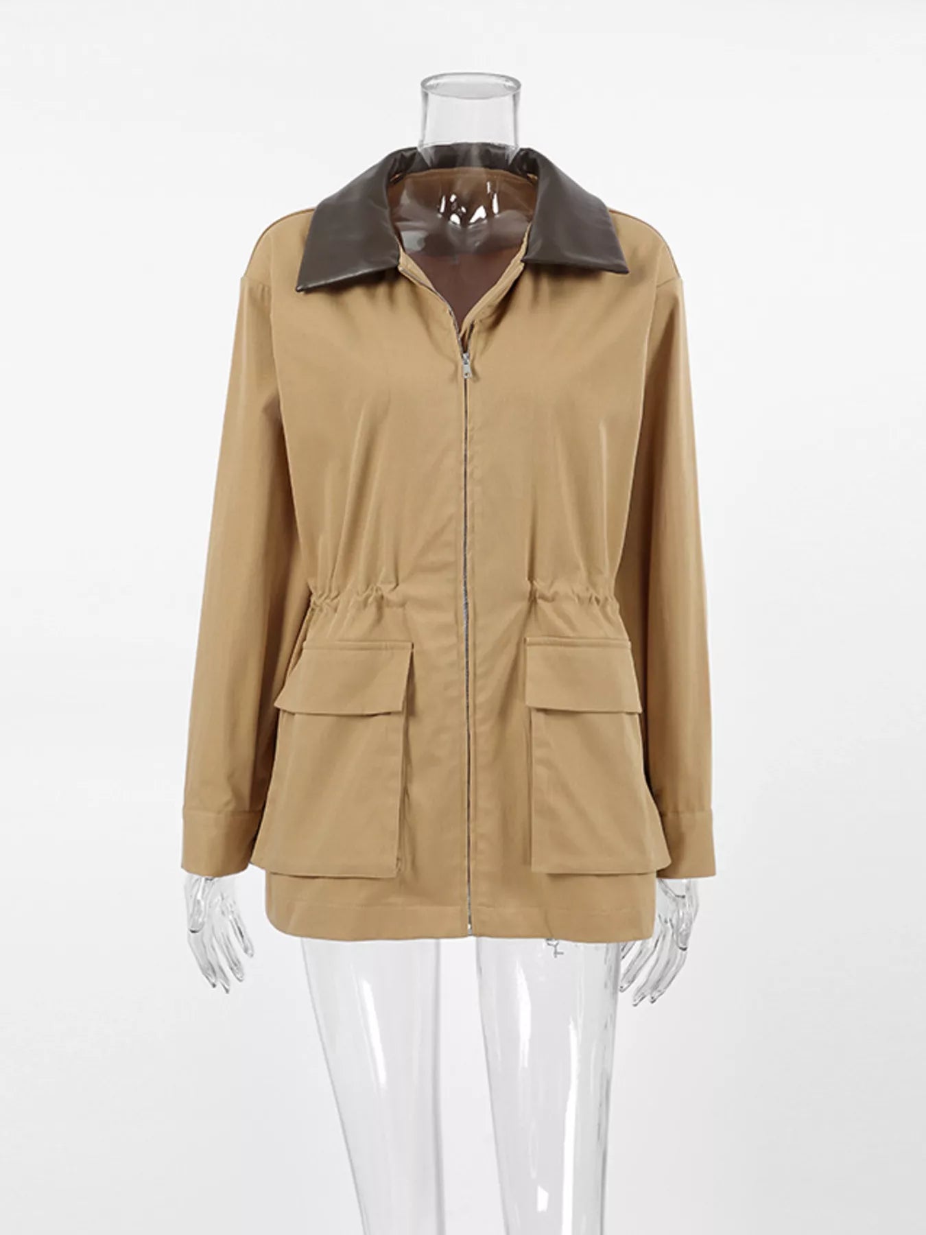 Oversized Contrast Collar Jacket with Drawstring Waist