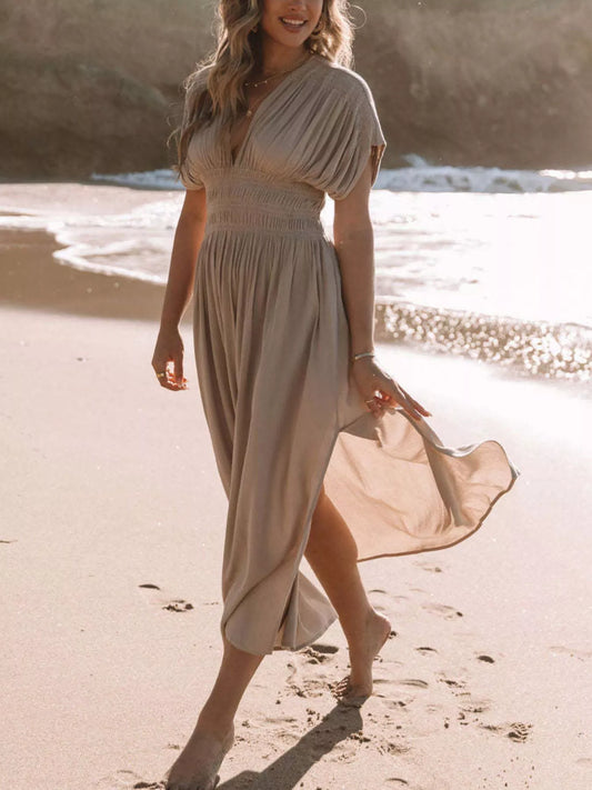 Full Size Slit V-Neck Smocked Waist Maxi Dress Plus Size