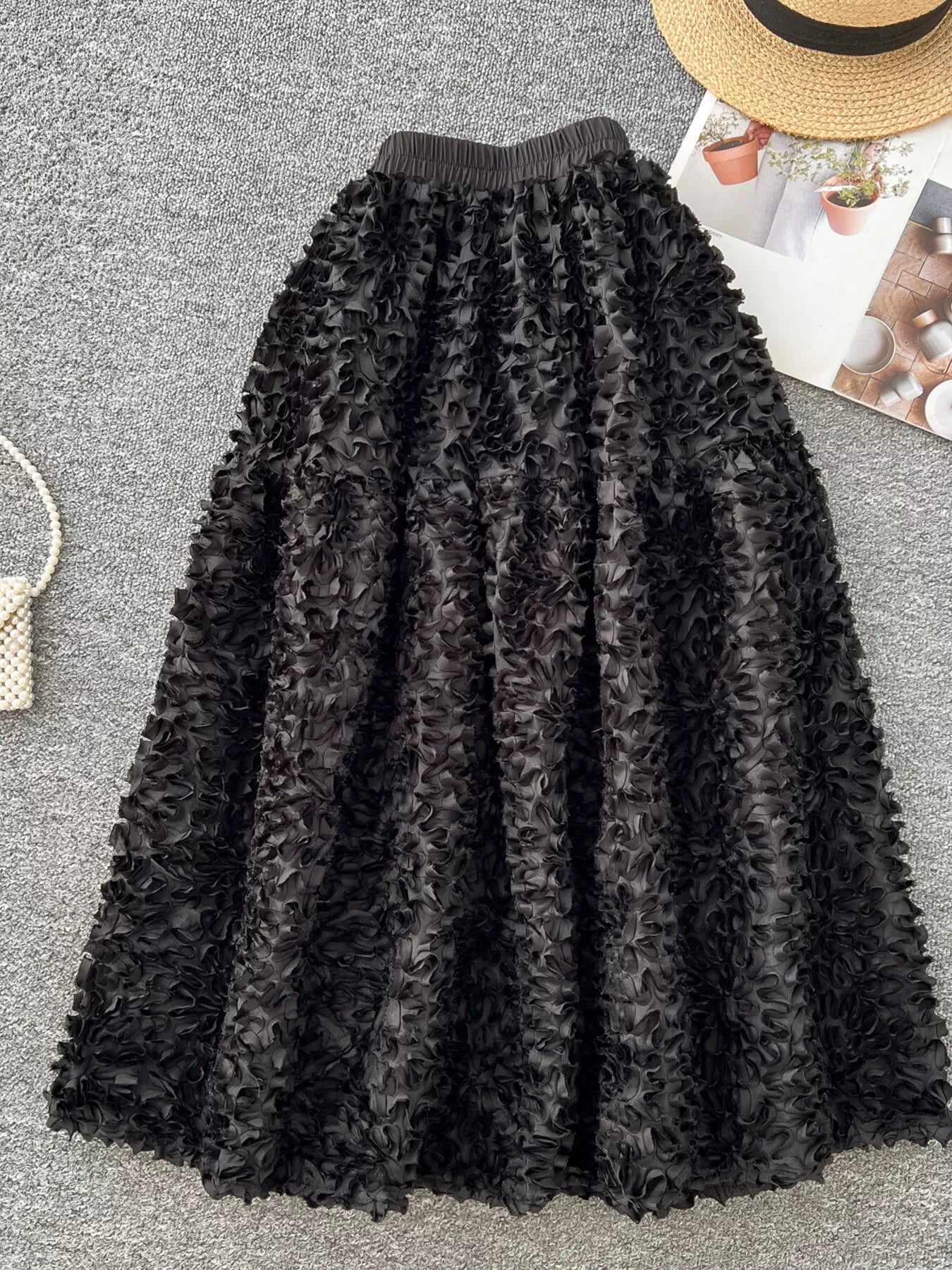 Elegant 3D Lace Trim High‑Waist A‑Line Midi Skirt