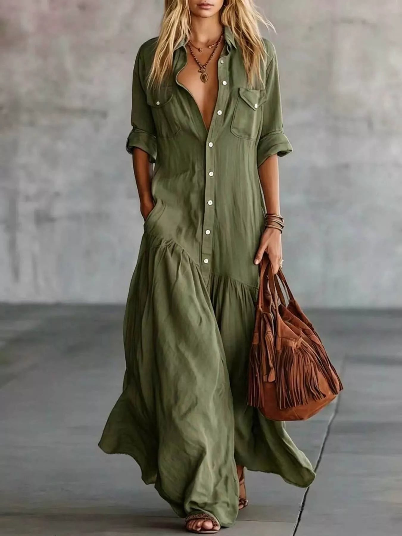 Full Size Button Front Roll-Up Sleeve Maxi Dress Plus Size