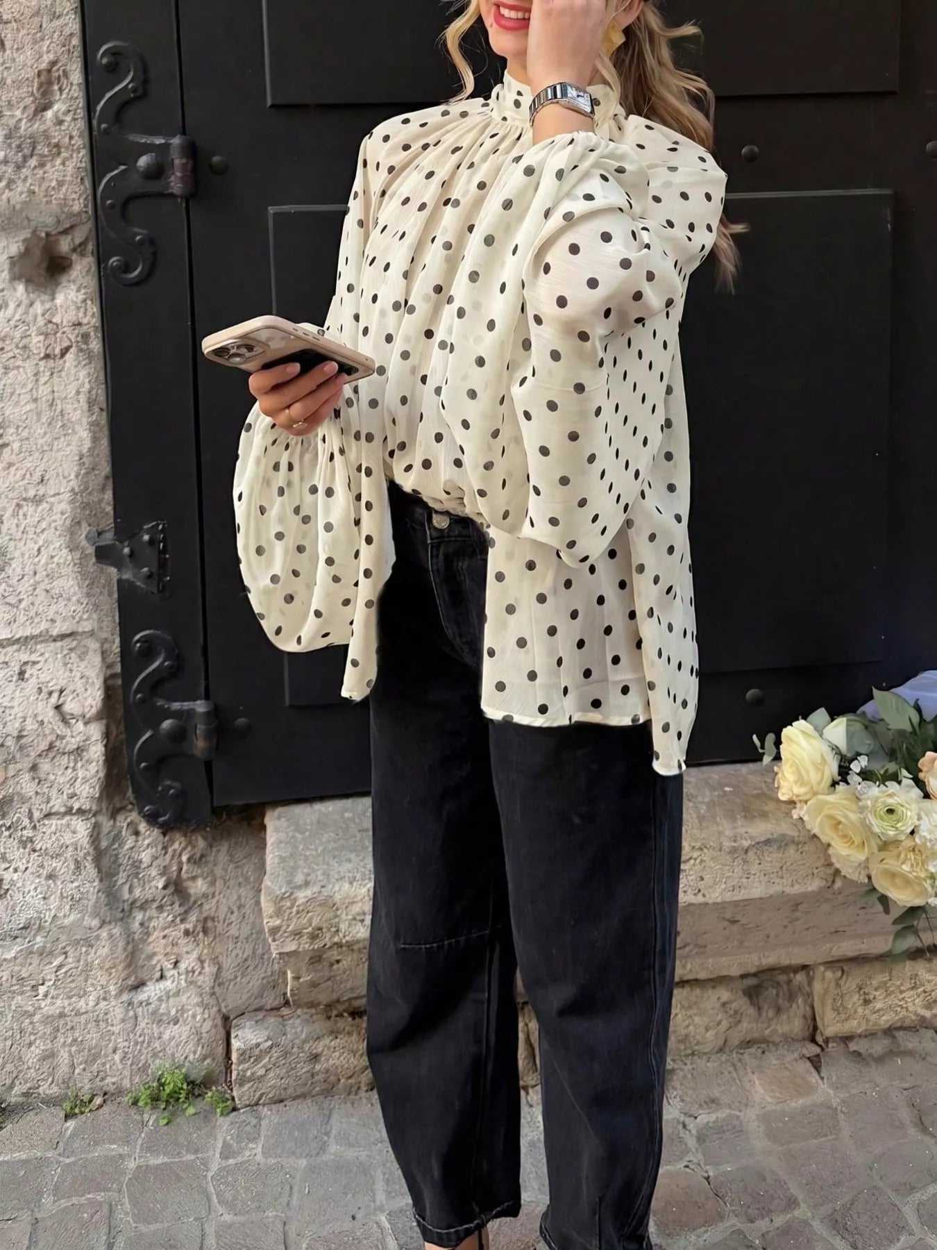 Polka Dot Balloon Sleeve Blouse