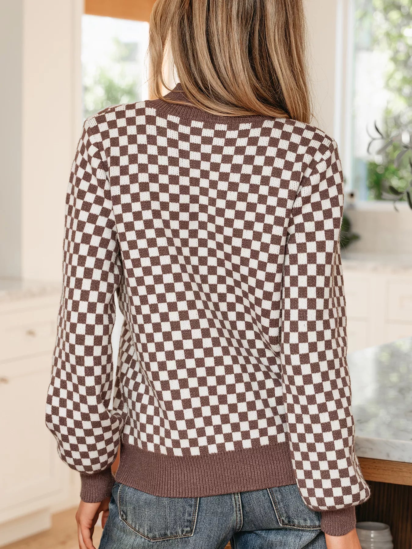 Half Button Ribbed Trim Checkerboard Knit Sweater