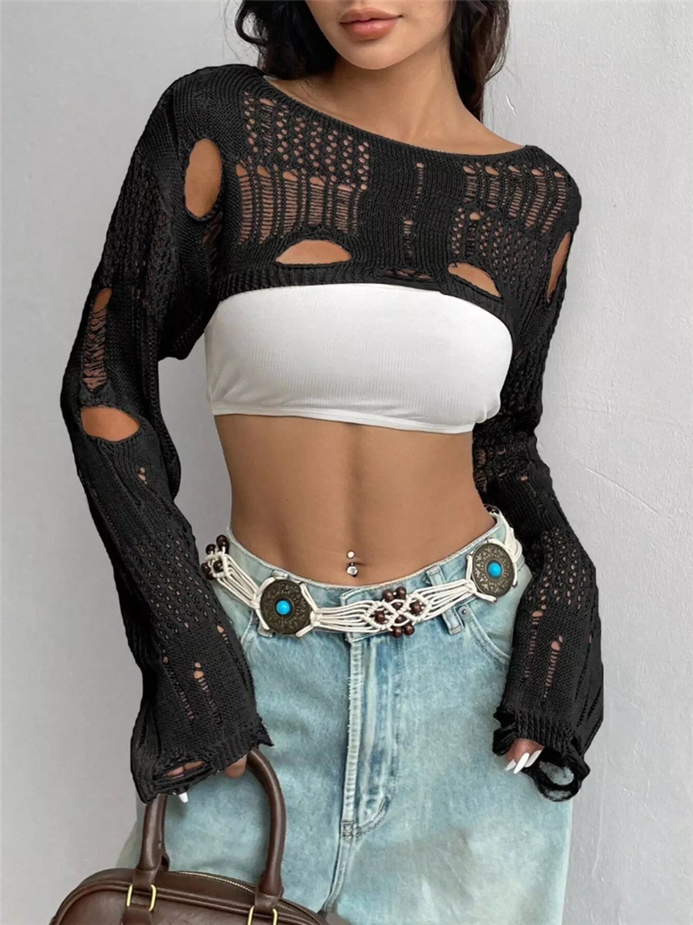 Distressed Cropped Knit Cover Up
