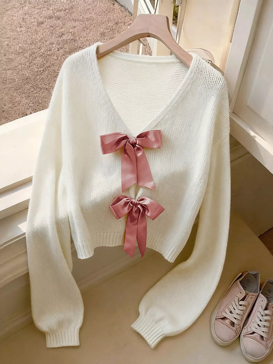 Bow-Knot Embellished V-Neck Cardigan