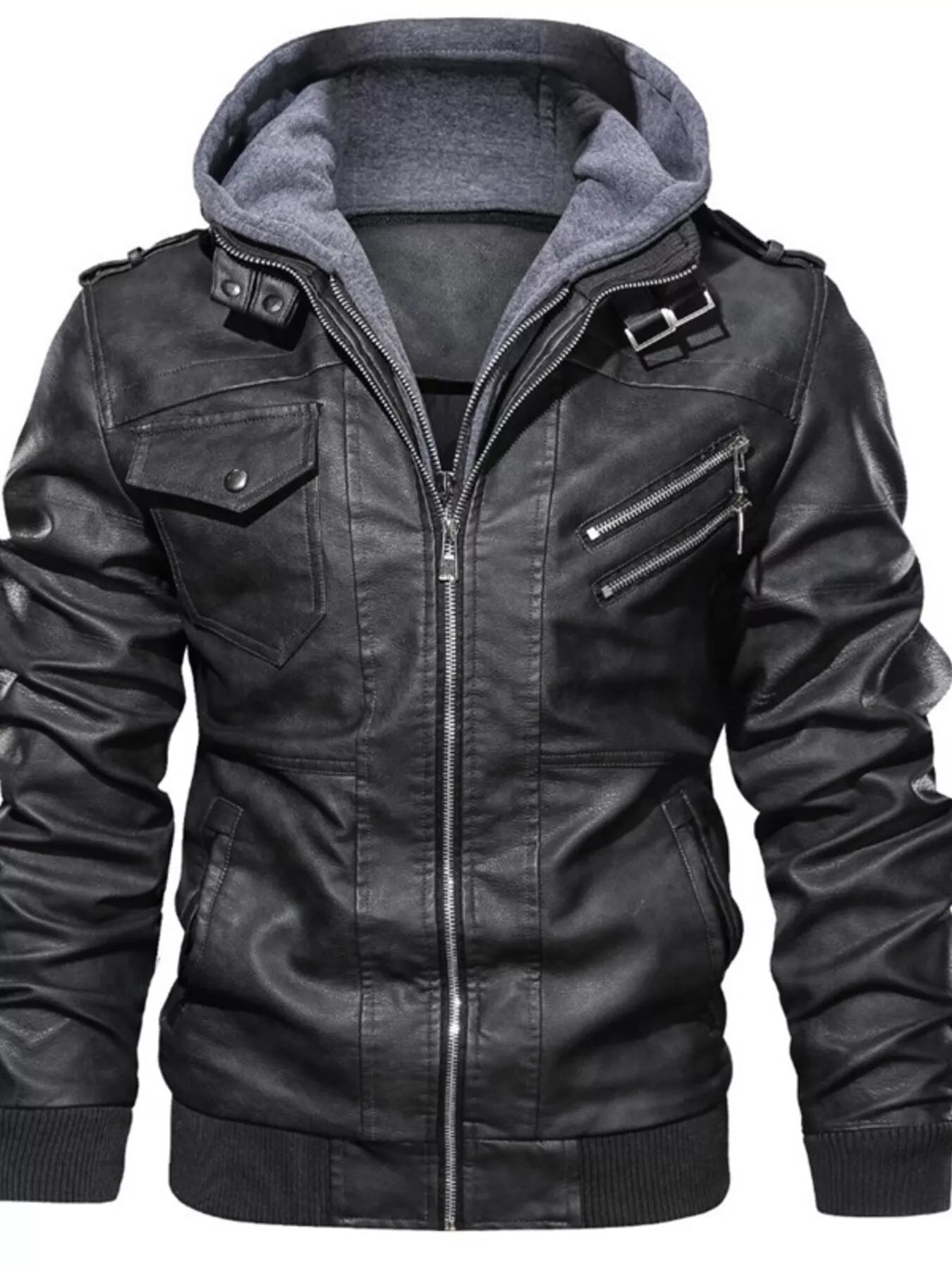 Men's Full Size Hooded Faux Leather Moto Jacket Plus Size