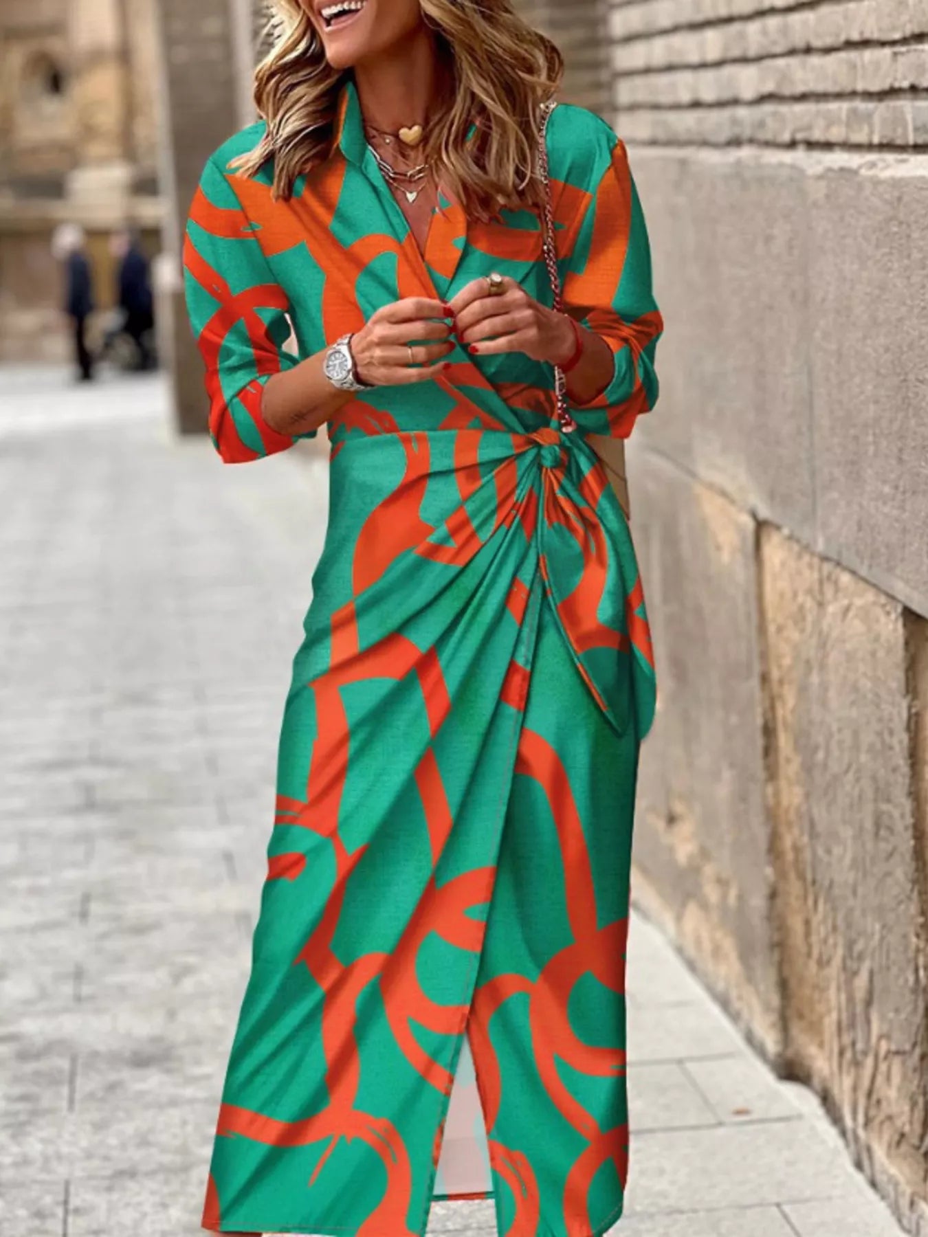 Abstract Print Wrap Midi Dress