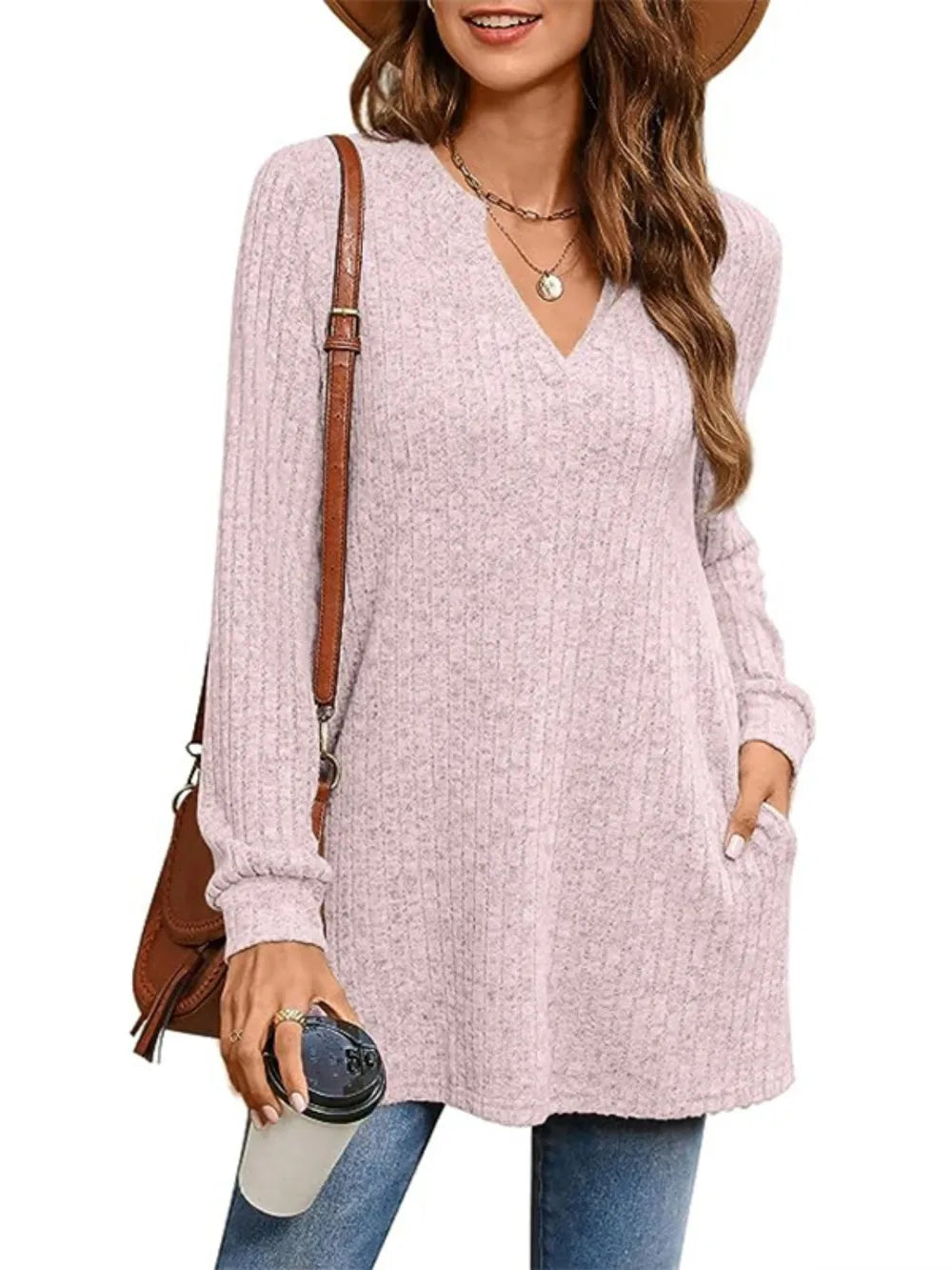 Ribbed Notched Long Sleeve T-Shirt