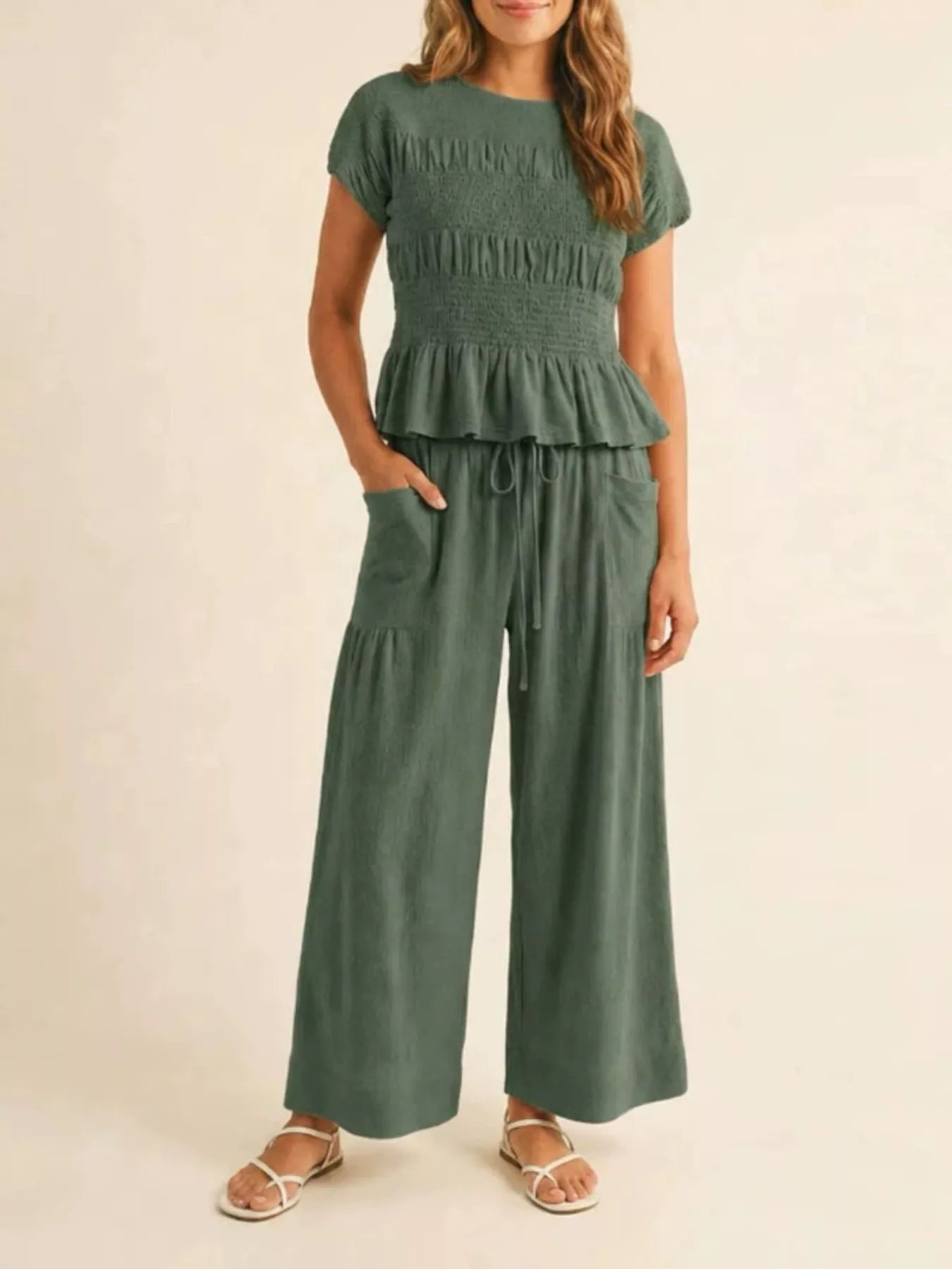 Smocked Peplum Top and Wide-Leg Pants Set