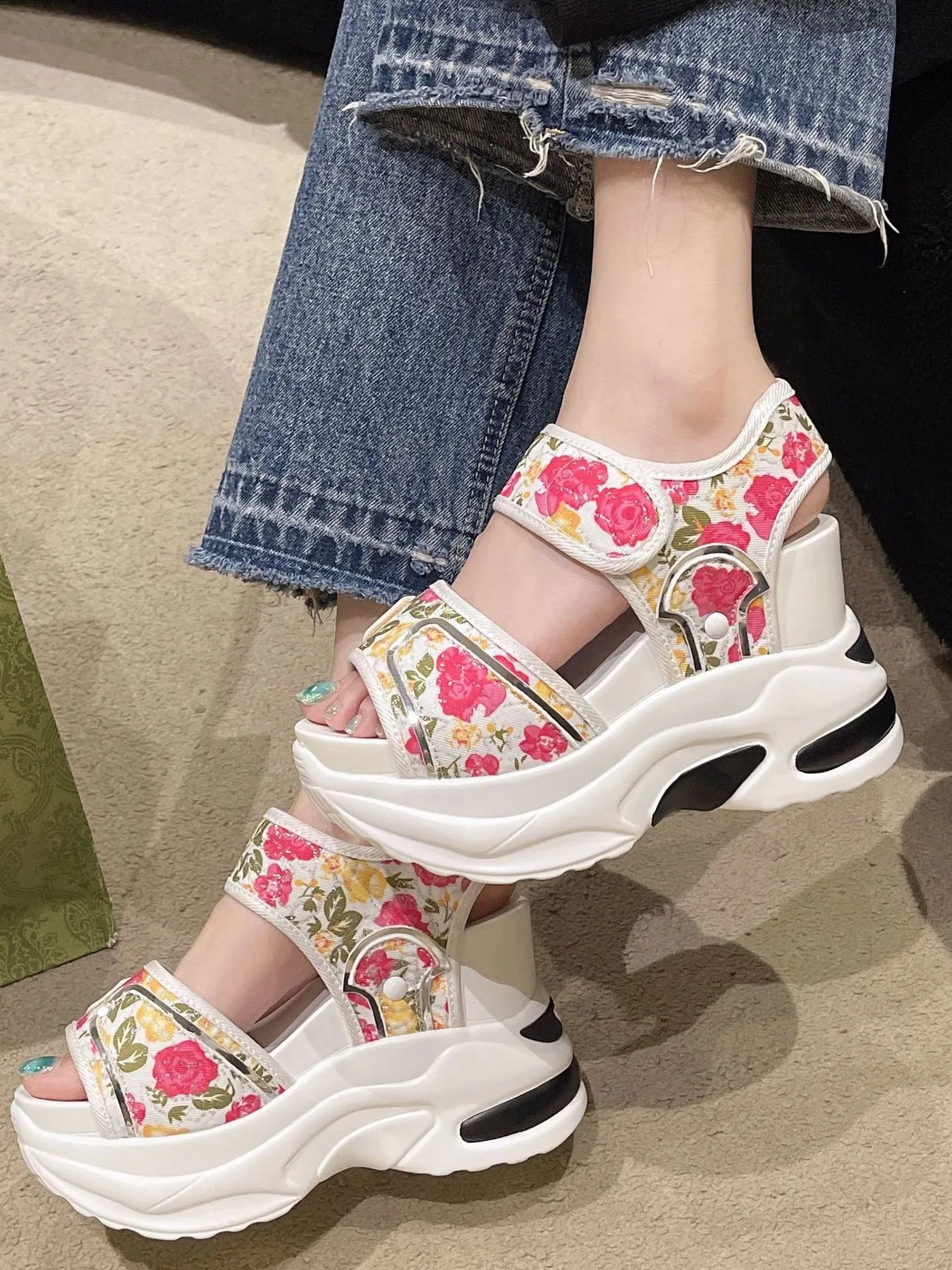 Floral Platform Wedge Sandals with Velcro