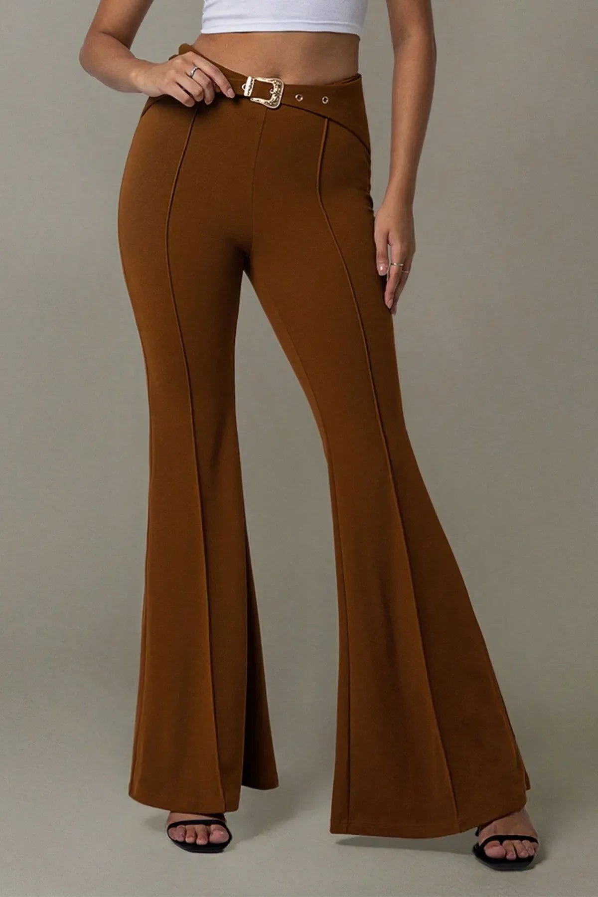 High Waist Flare Pants with Buckle Belt