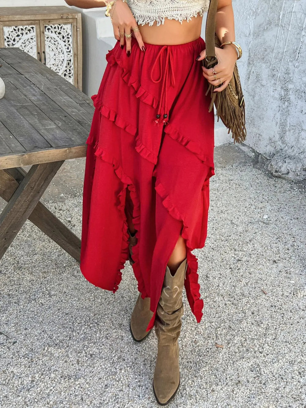 Devine Slit Drawstring Ruffled Skirt