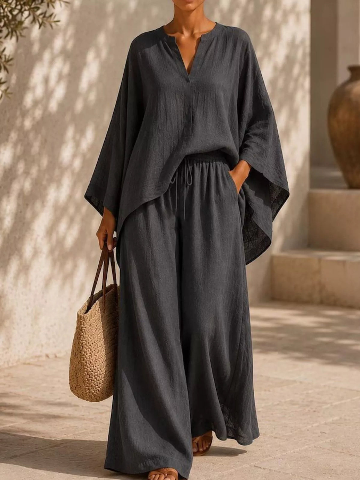 Full Size Loose Fit Top and Wide-Leg Pants Set Plus Size