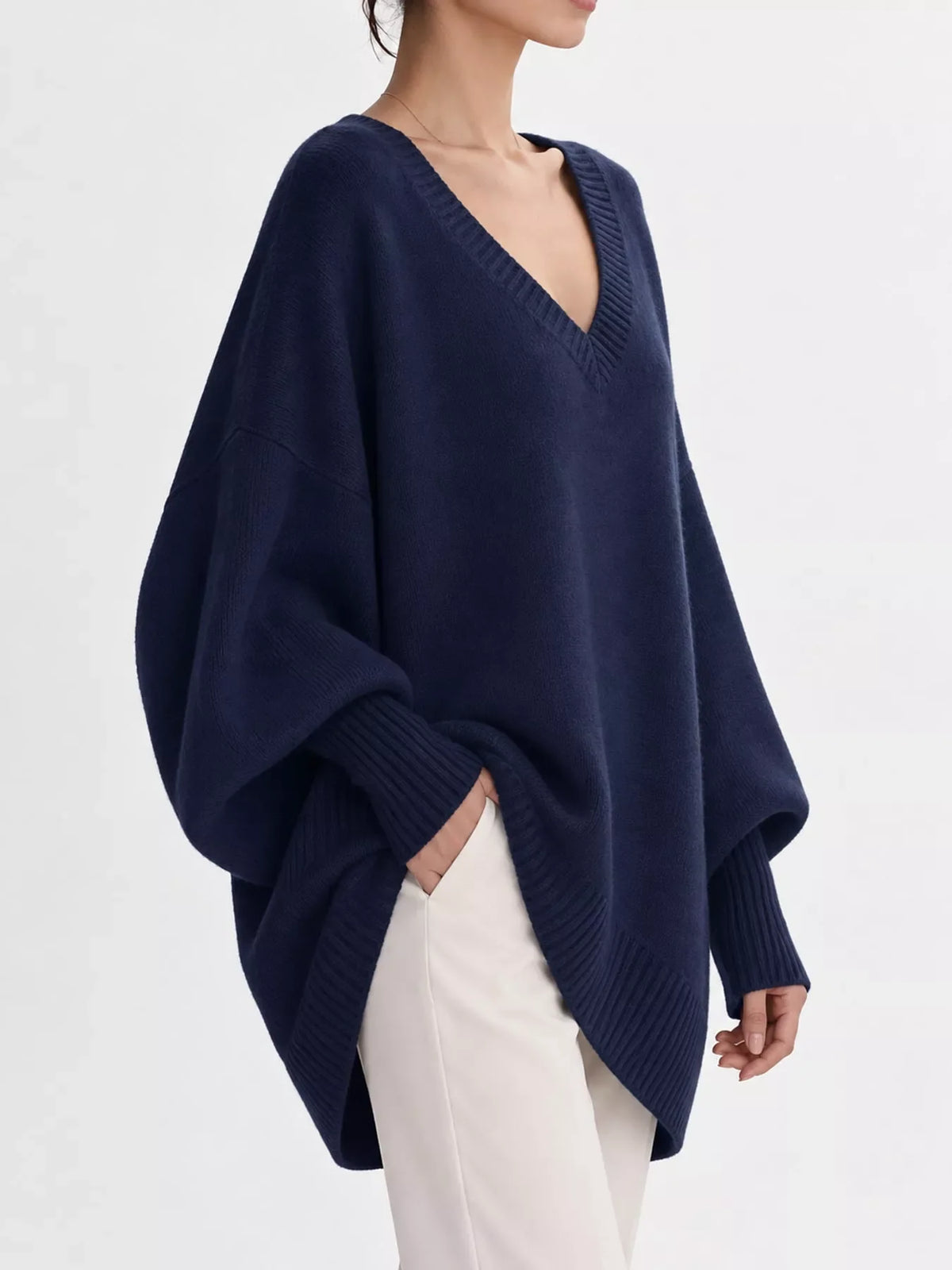 Full Size V-Neck Oversized Batwing Sleeve Sweater Plus Size