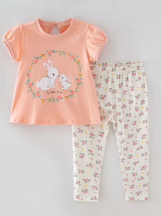 Children's Cute Bunny Graphic Top and Floral Pants Set
