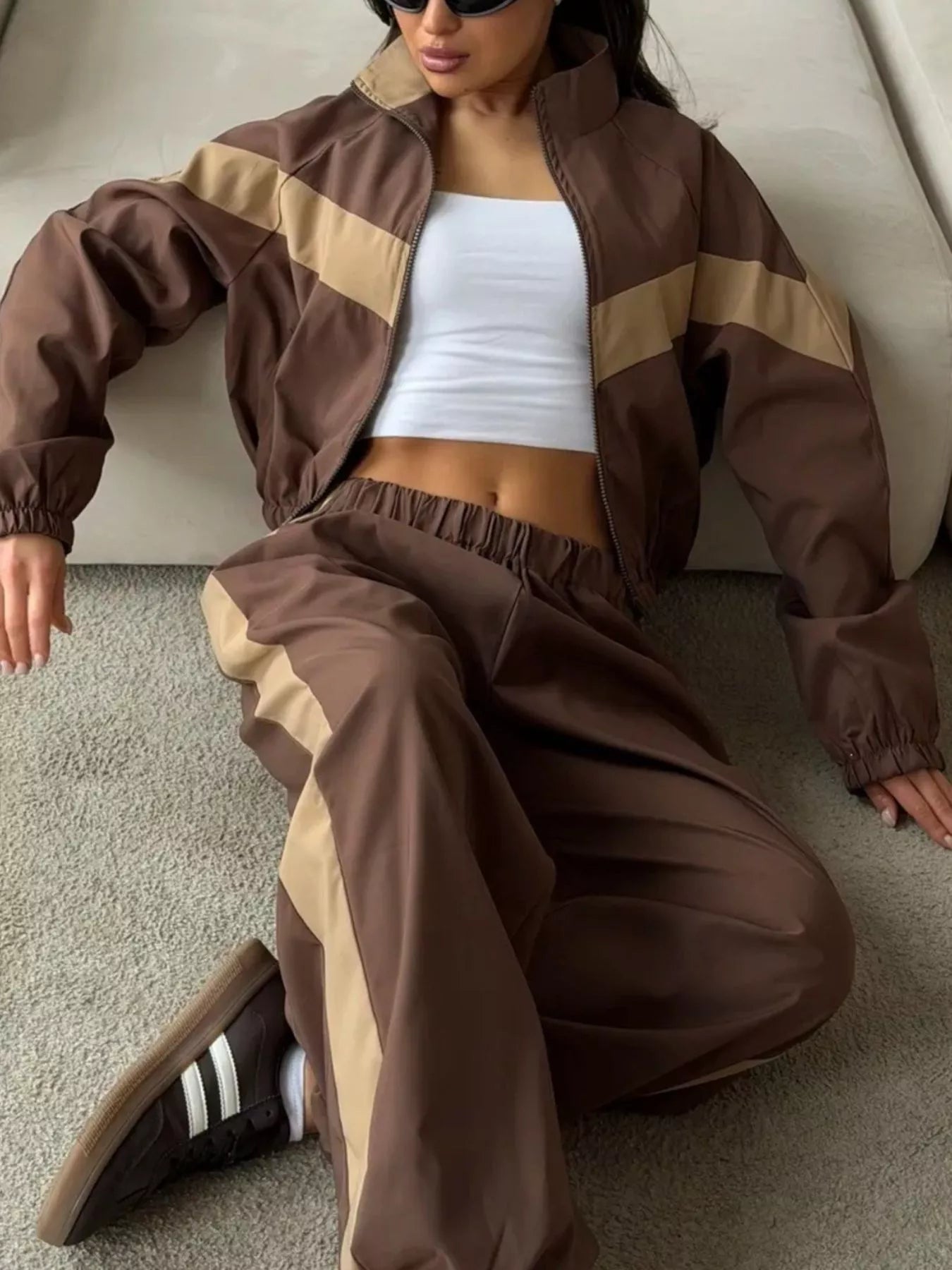 Color Block Zip Up Outerwear and Pants Set