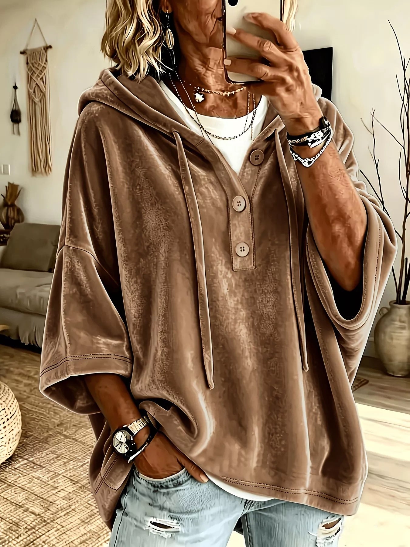 Full Size Velvet Button Detail Drawstring Hoodie Plus Size