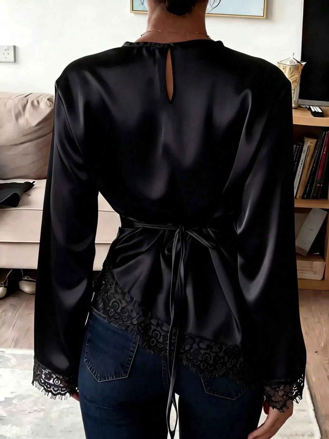 Satin Lace Trim Flare Sleeve Blouse