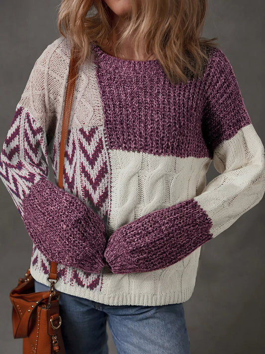 Color Block Patchwork Knotted Back Loose Fit Sweater