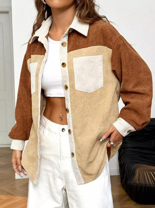 Color Block Corduroy Button-Up Jacket