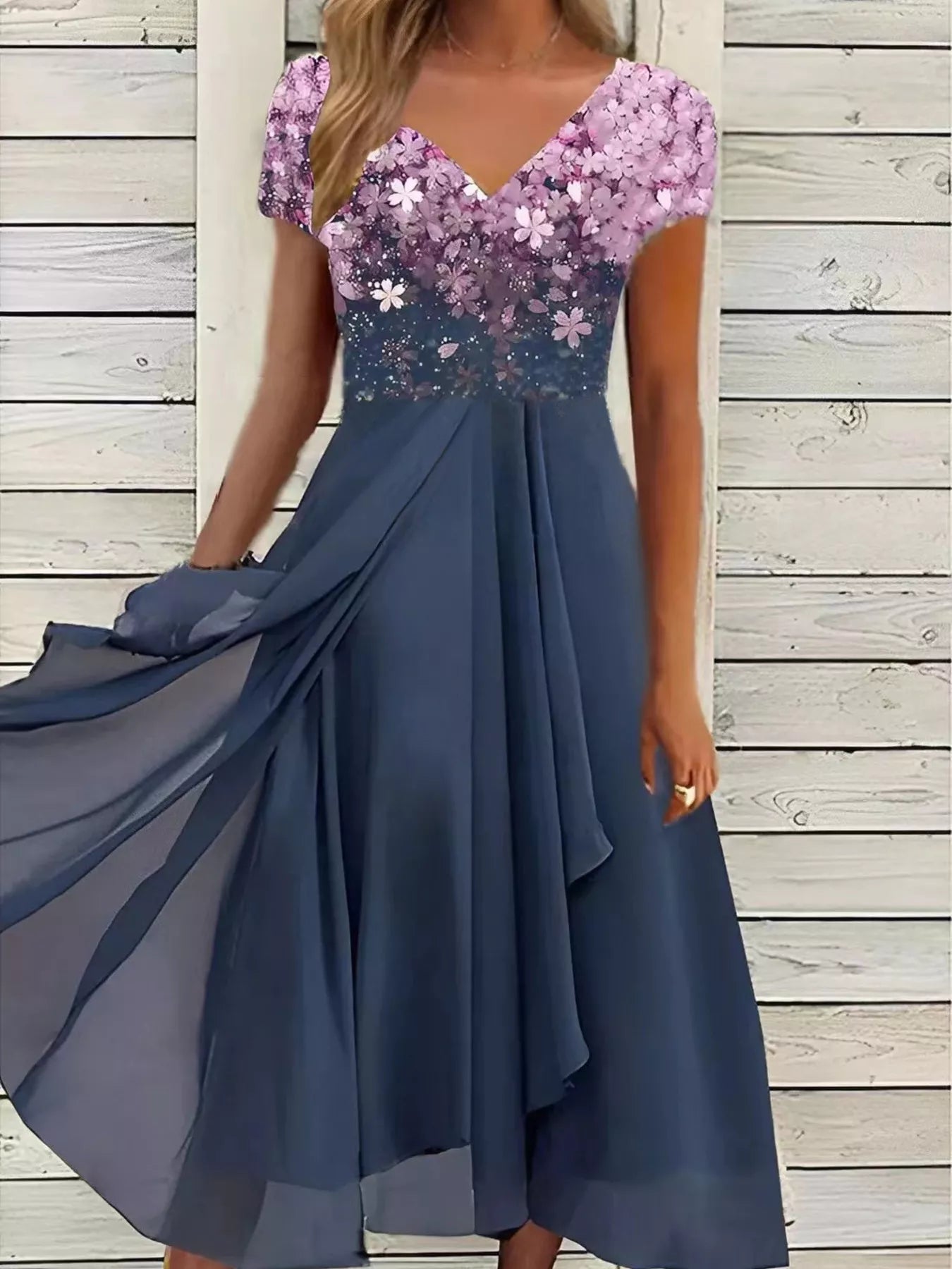 Elegant Full Size Floral V-Neck Midi Dress Plus Size