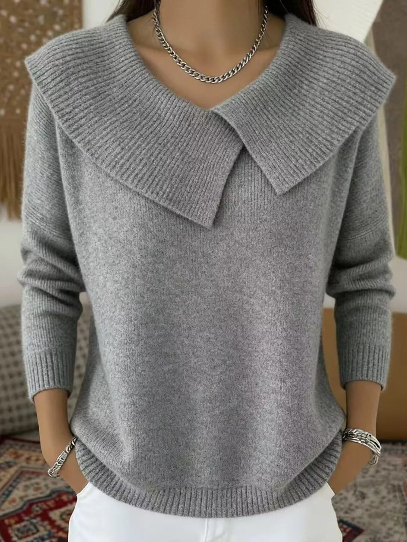 Full Size Solid Color Ribbed Hem Sweater Plus Size