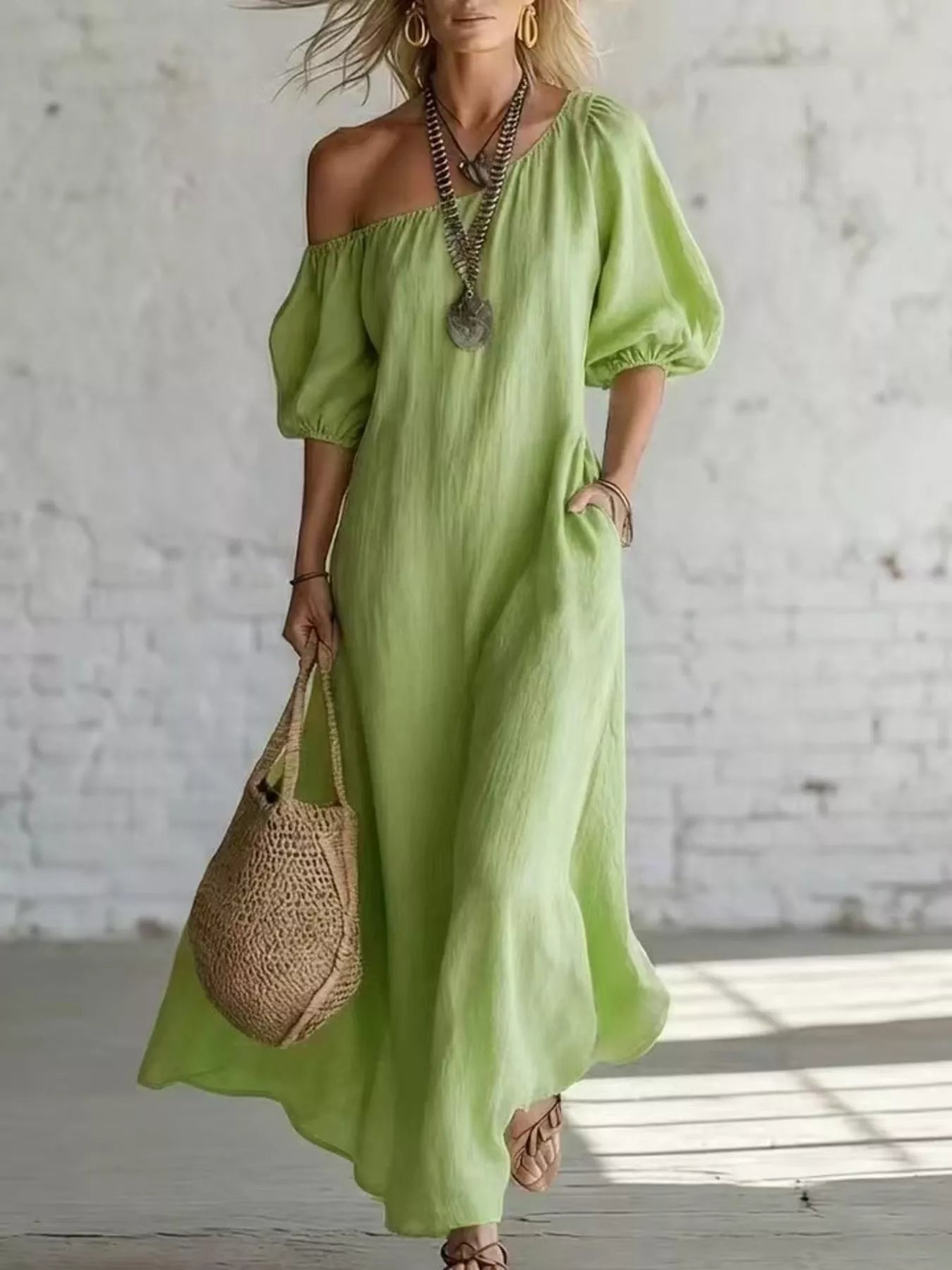 One-Shoulder Puff Sleeve Maxi Dress