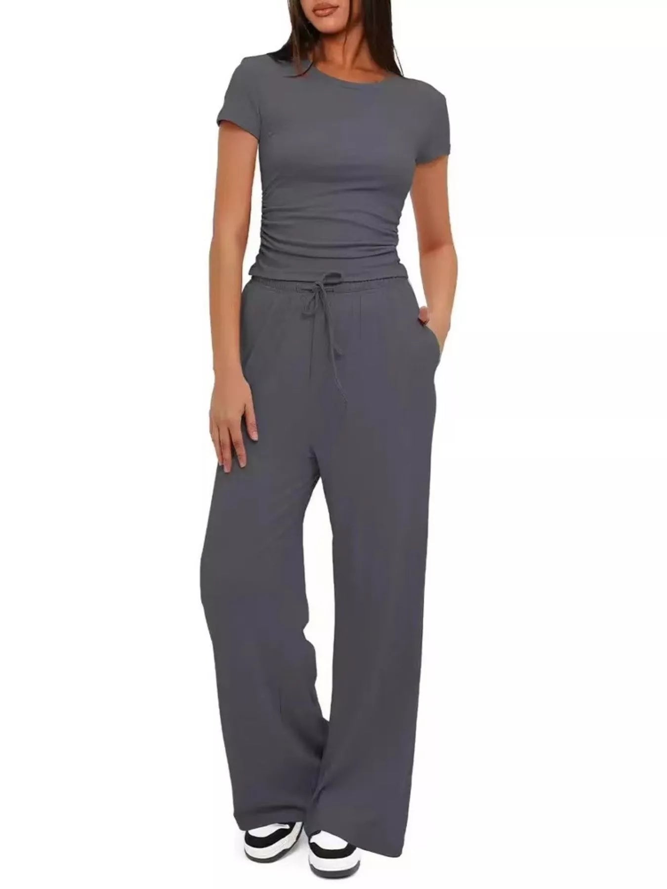 Round Neck Short Sleeve Top and Pants Set