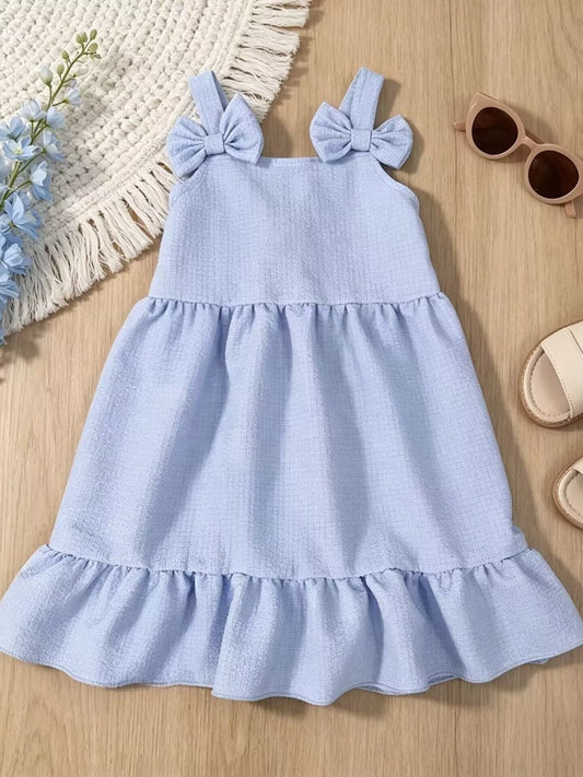 Children's Bowknot Decor Ruffle Hem Sleeveless Dress
