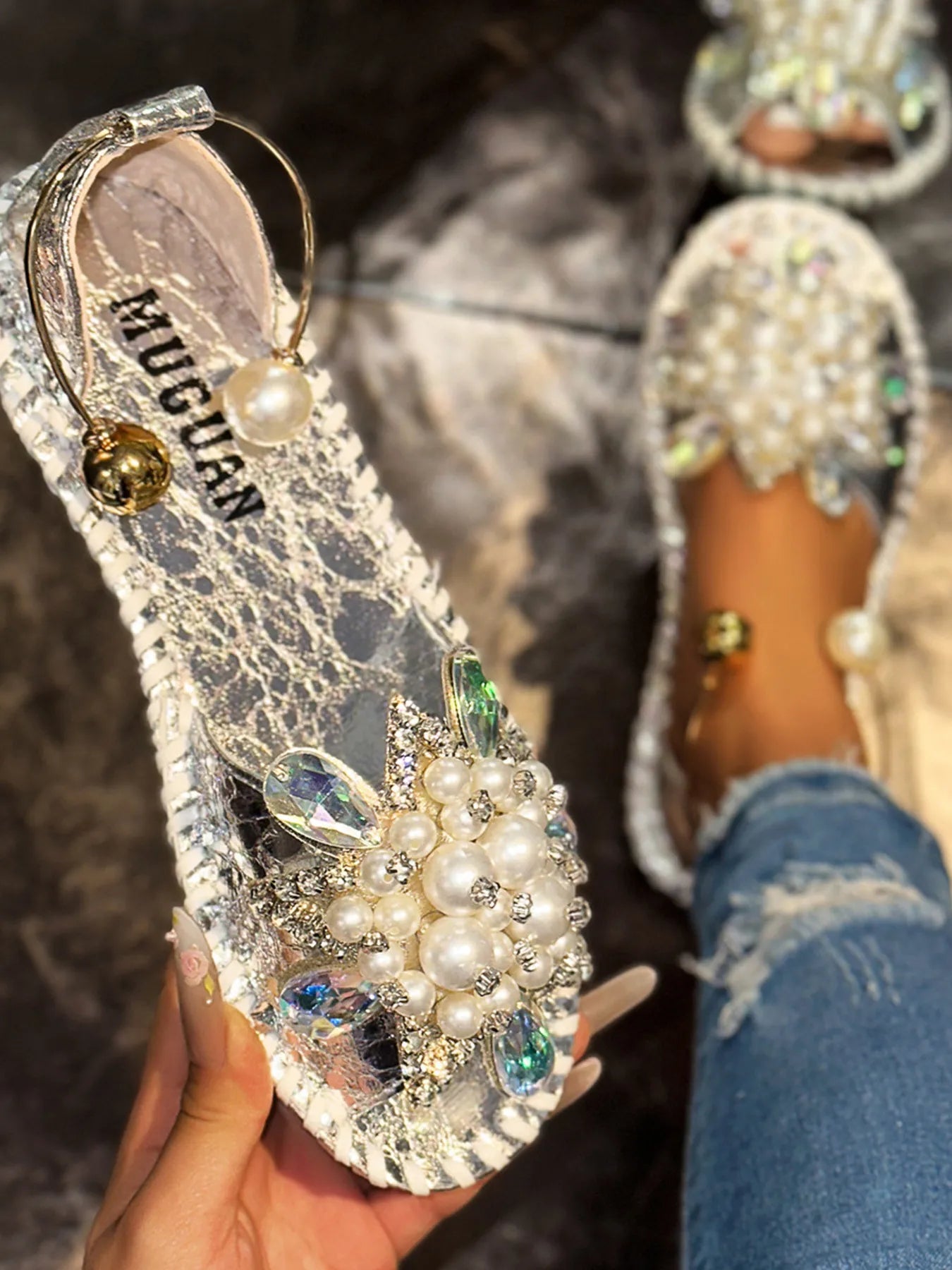 Pearl Embellished Flat Sandals