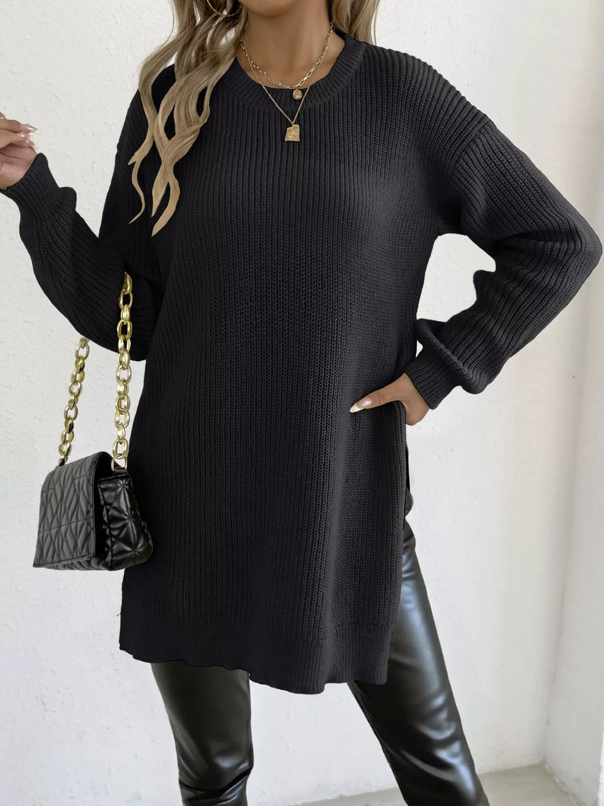 Side-Slit Dropped Shoulder Sweater