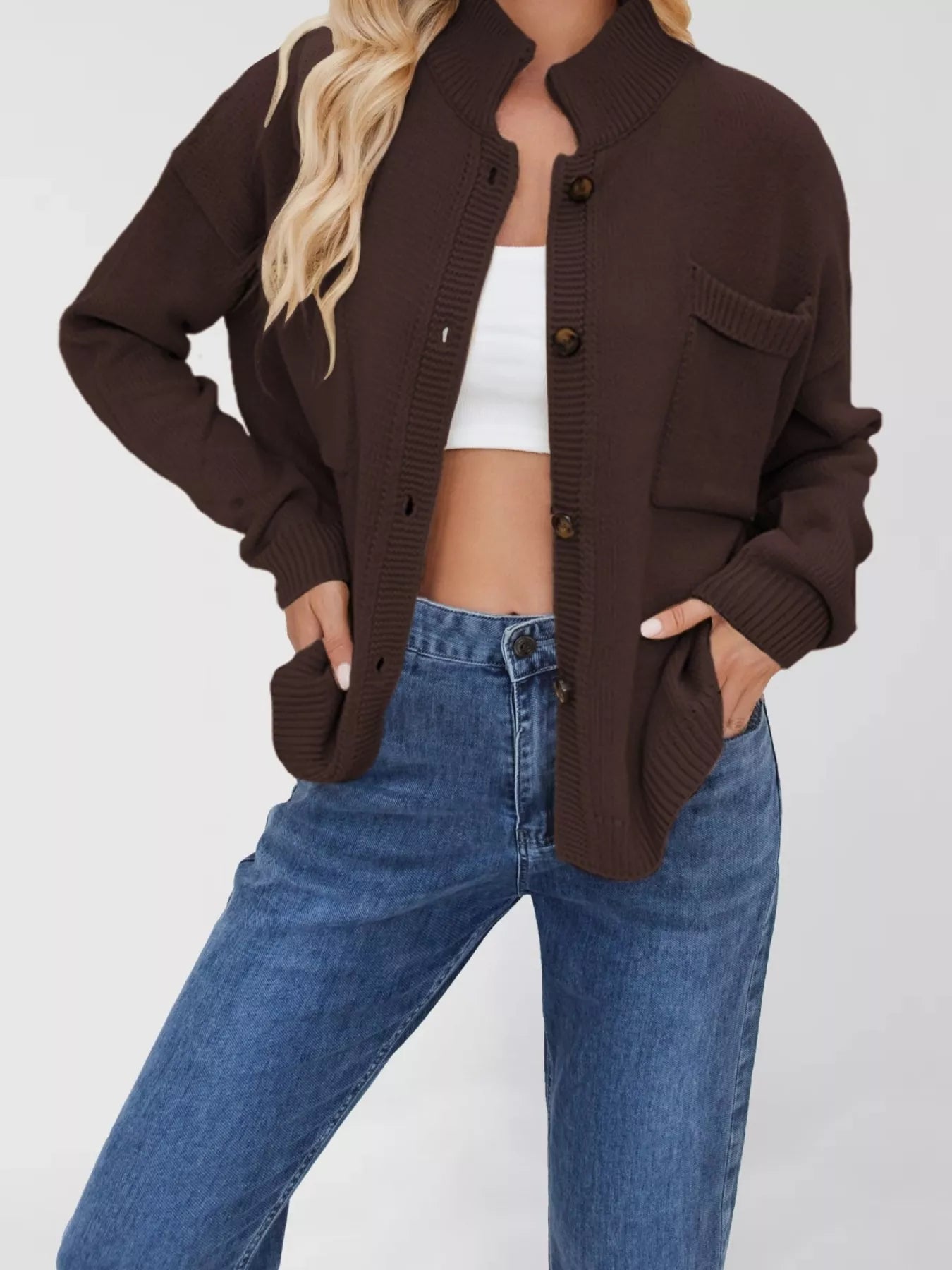 Button Up Dropped Shoulder Cardigan