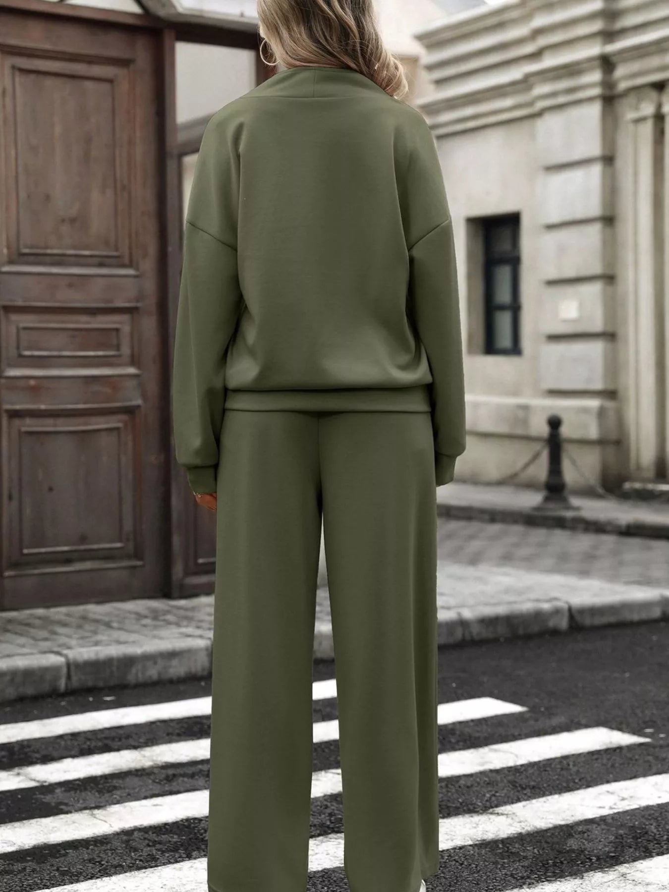 Half Zip Sweatshirt and Wide-Leg Pants Set