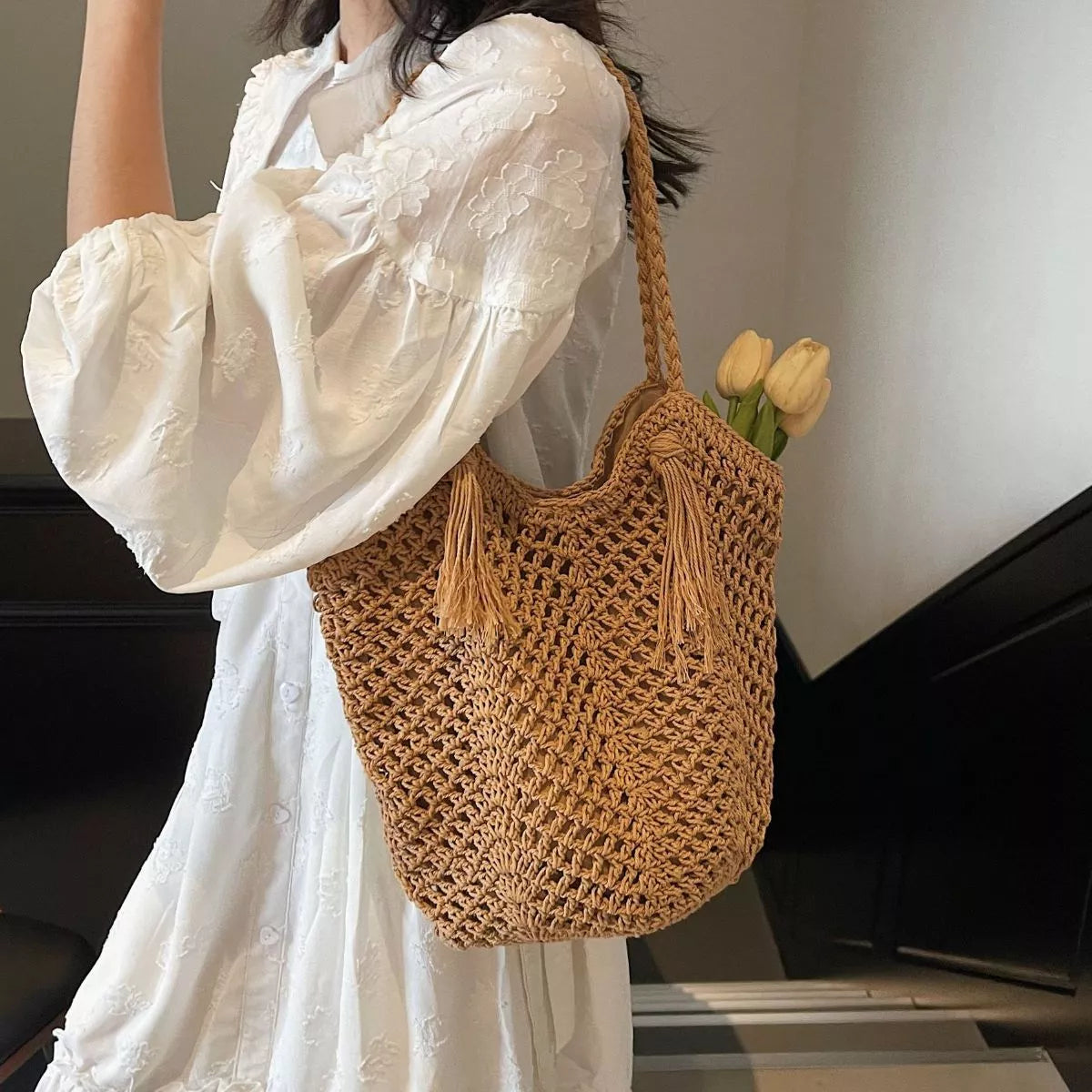 Crochet Shoulder Bag with Tassel Accents