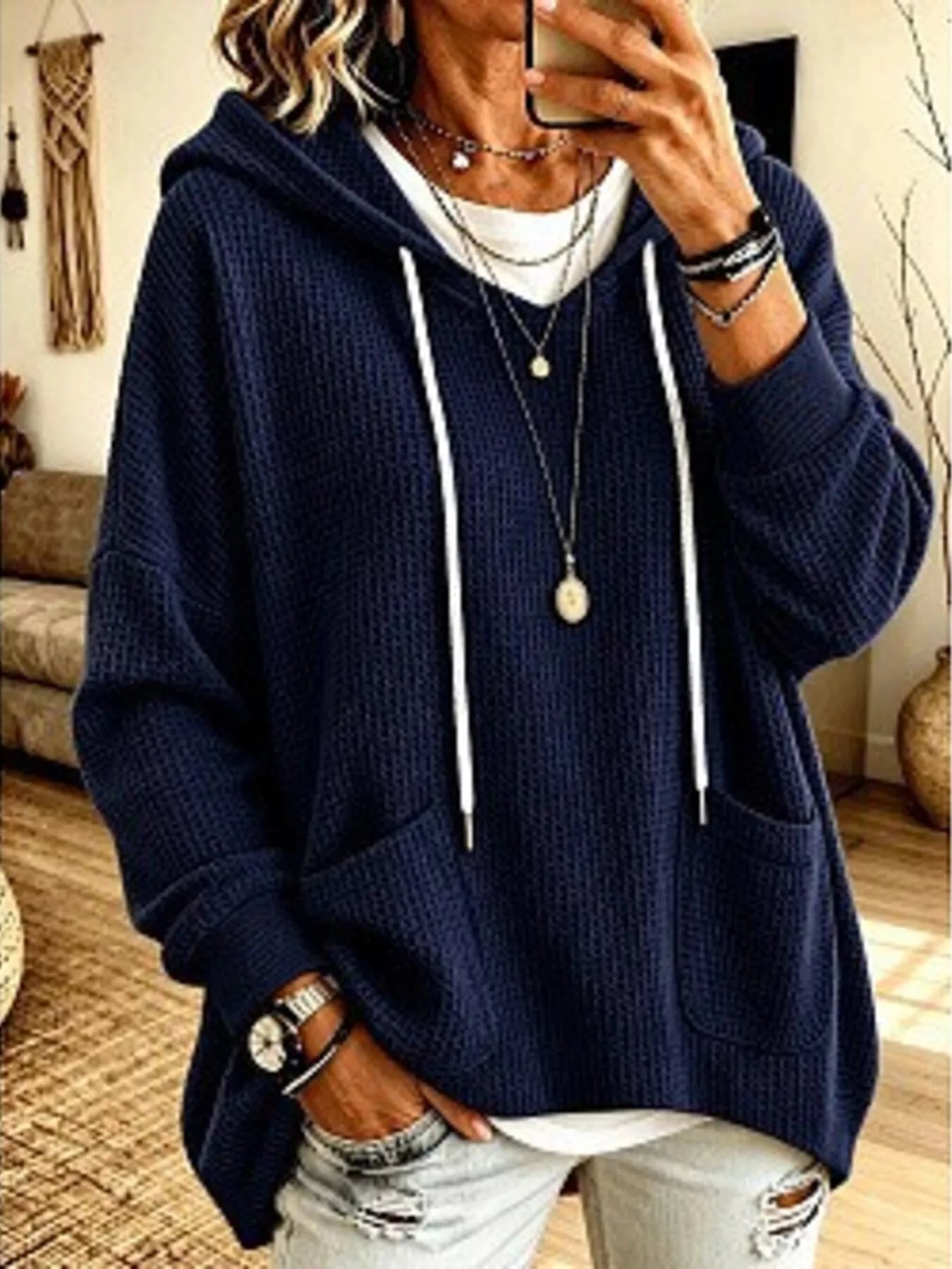 Full Size Waffle Knit Hoodie with Pockets Plus Size
